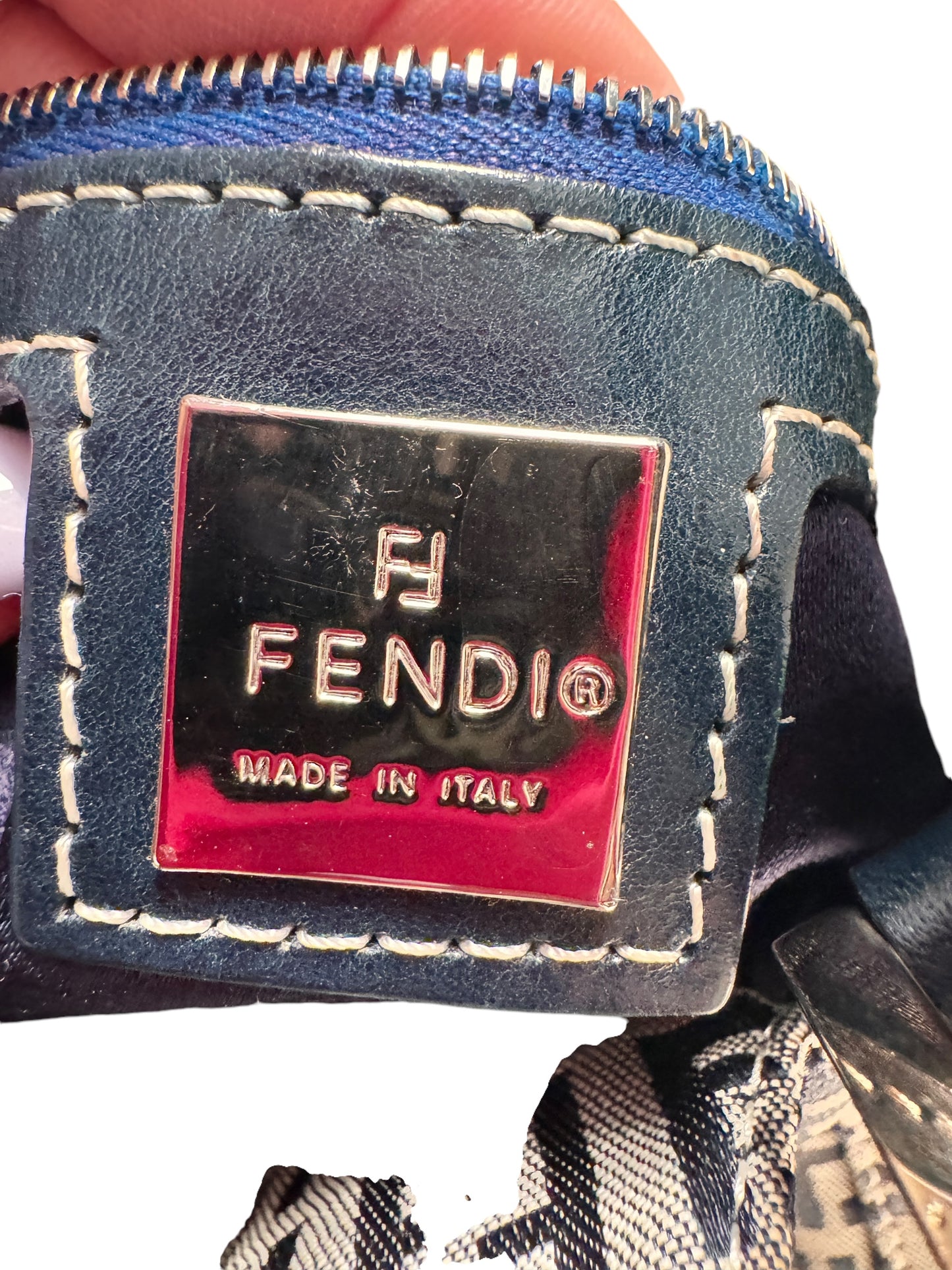 FENDI Canvas Leather Zucchino Shoulder Bag (Navy/Silver)