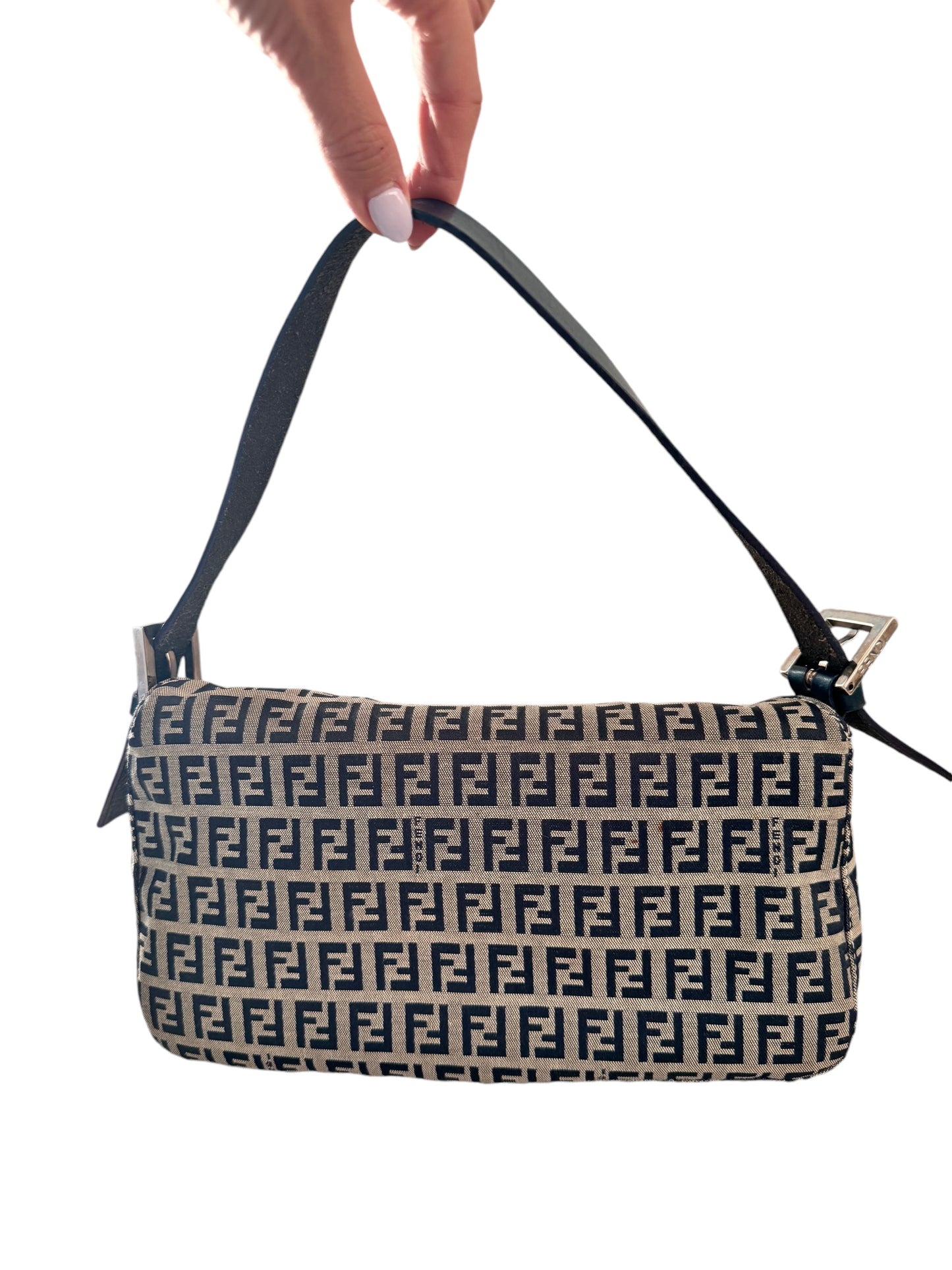 FENDI Canvas Leather Zucchino Shoulder Bag (Navy/Silver)