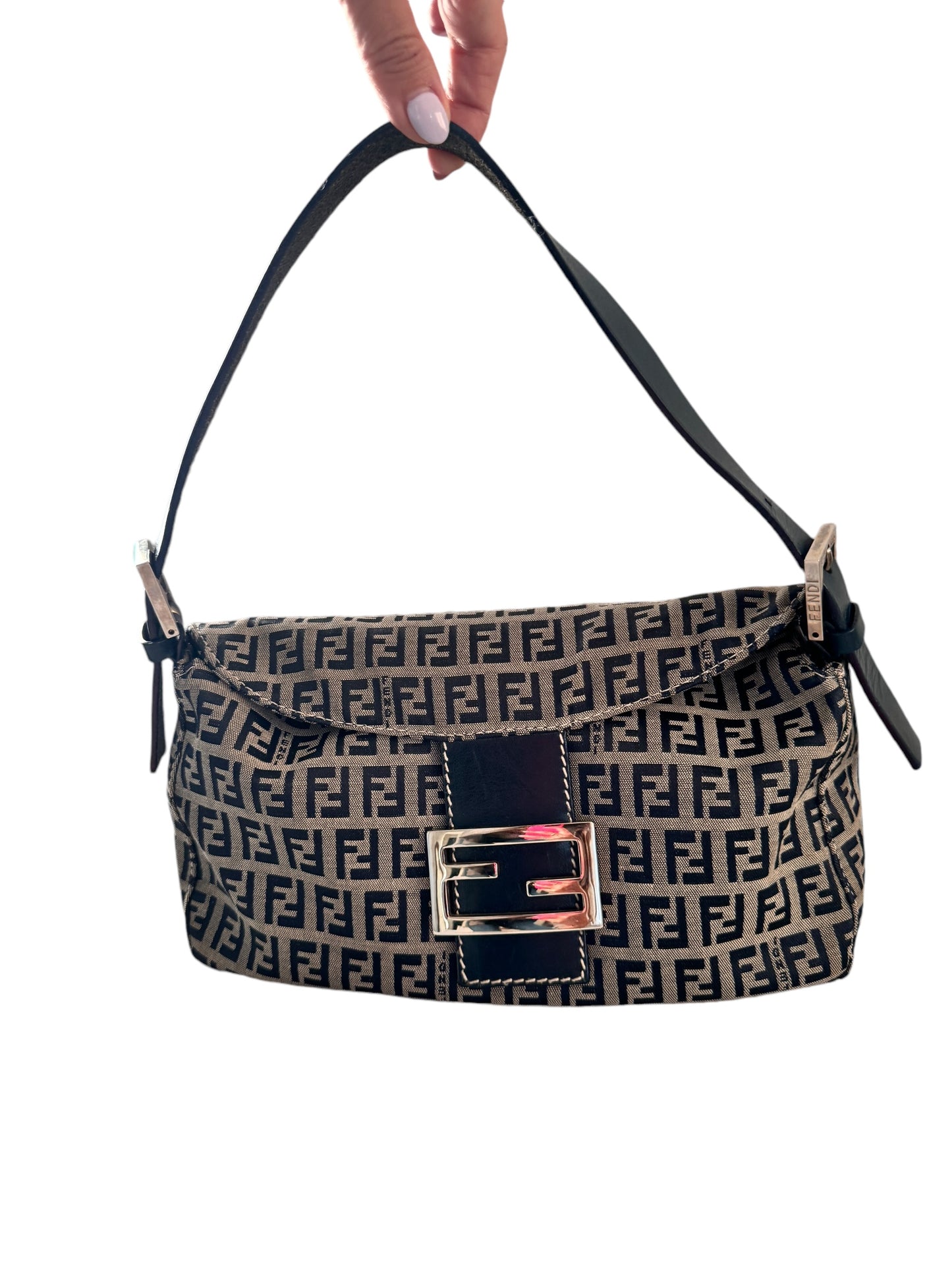 FENDI Canvas Leather Zucchino Shoulder Bag (Navy/Silver)
