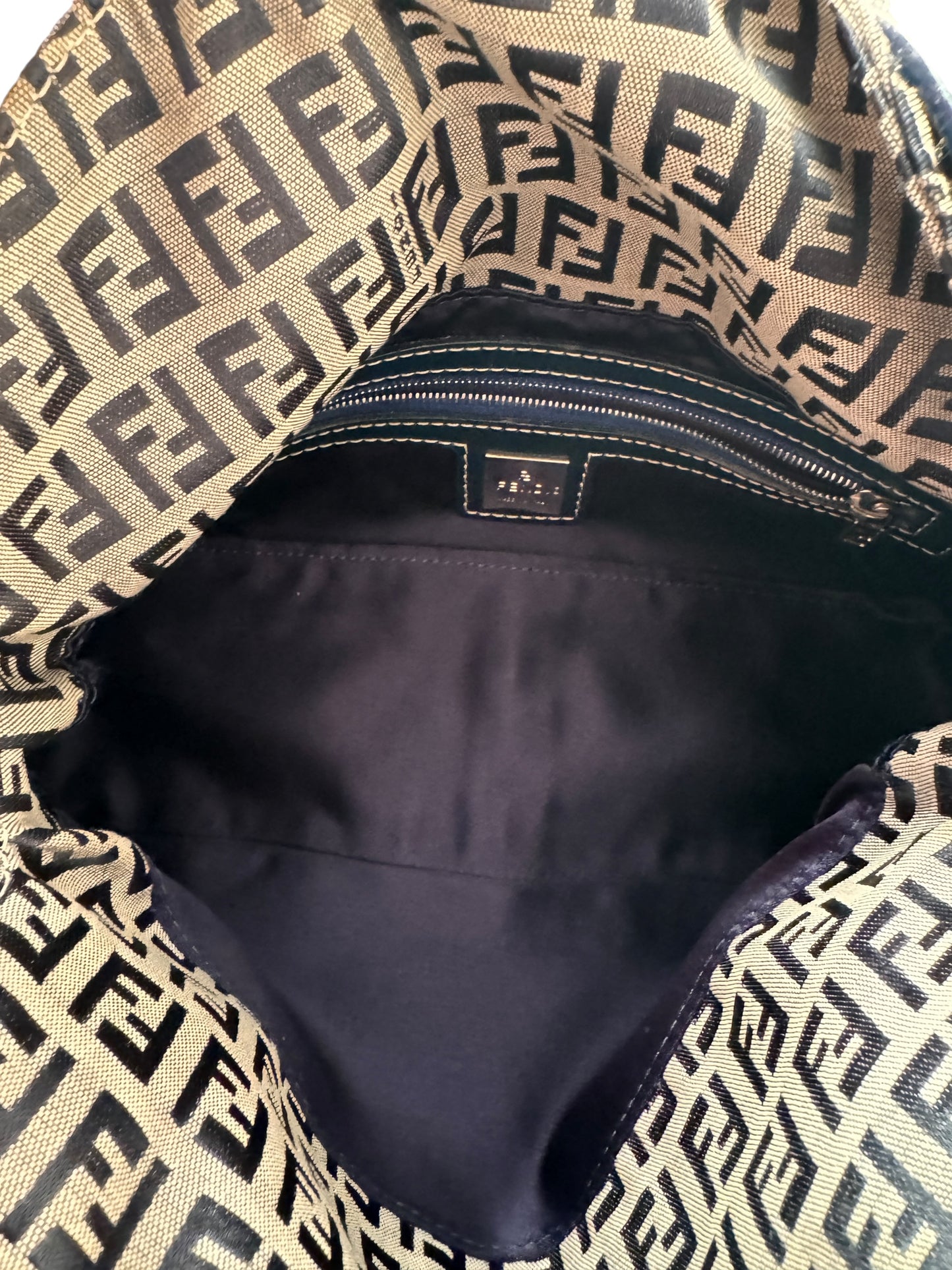 FENDI Canvas Leather Zucchino Shoulder Bag (Navy/Silver)