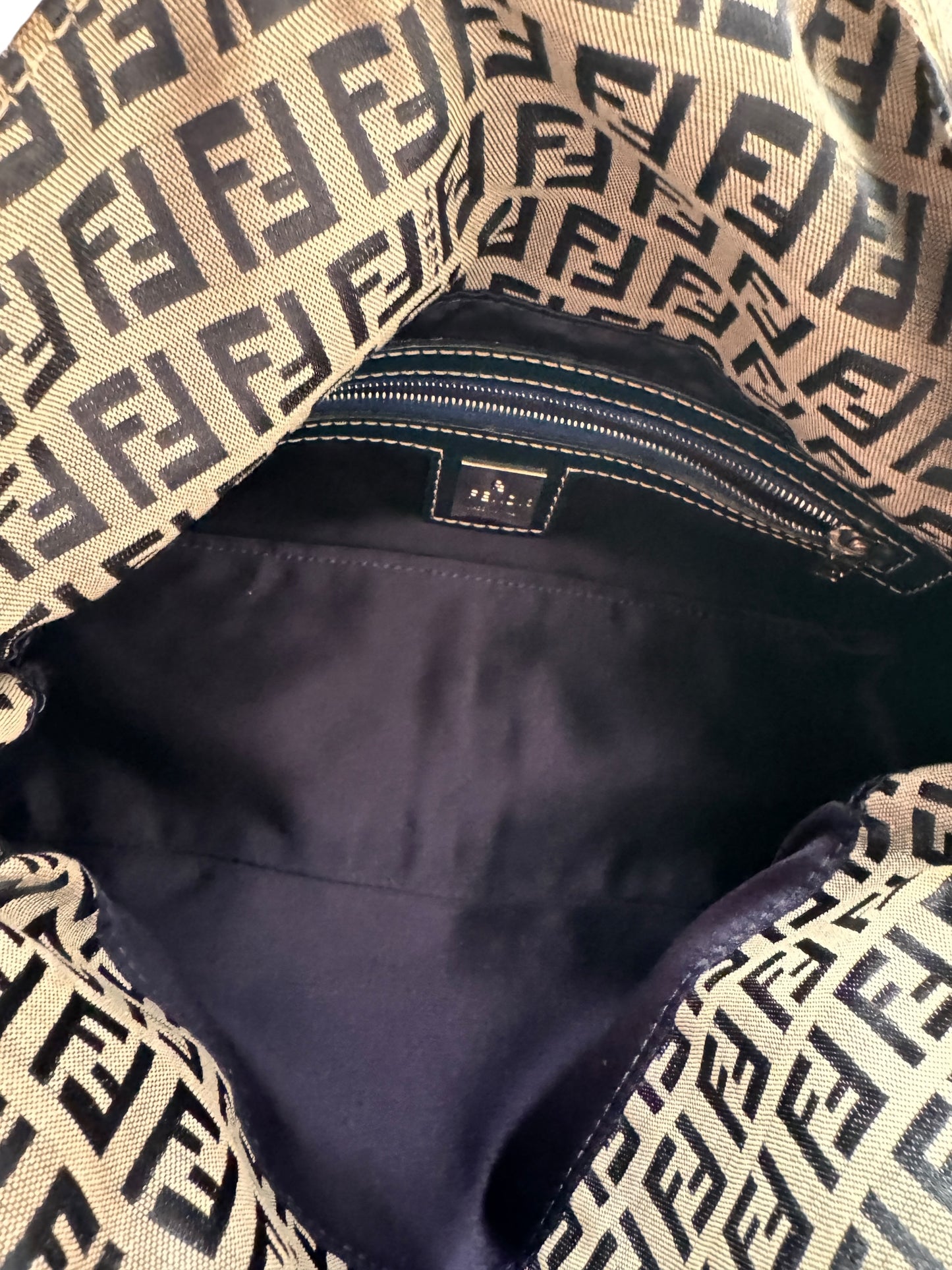 FENDI Canvas Leather Zucchino Shoulder Bag (Navy/Silver)