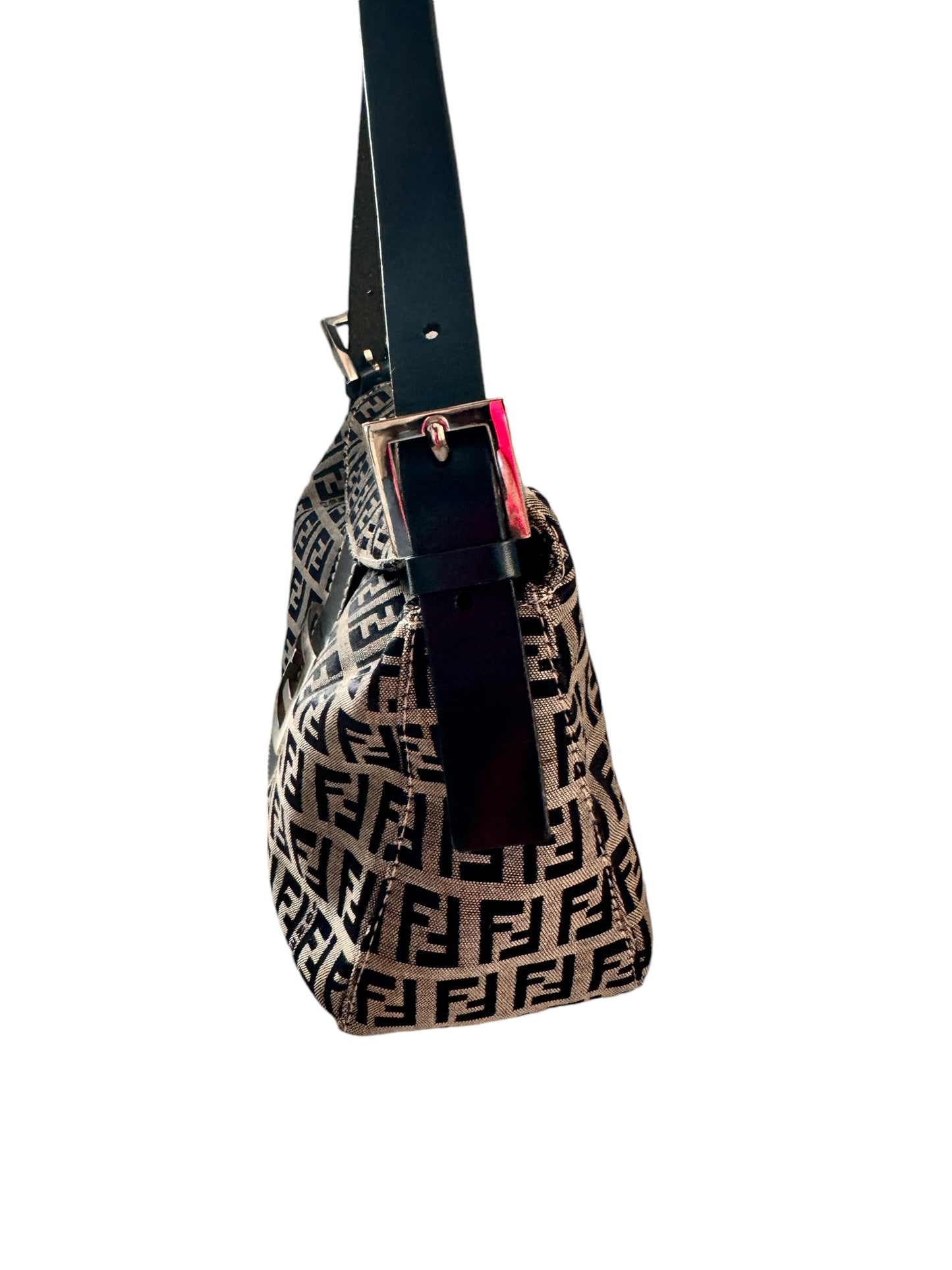 FENDI Canvas Leather Zucchino Shoulder Bag (Navy/Silver)
