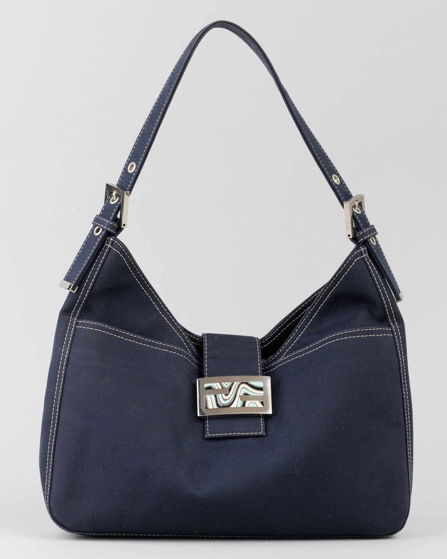 FENDI Denim/Navy Shoulder Bag With Marble Plated Logo