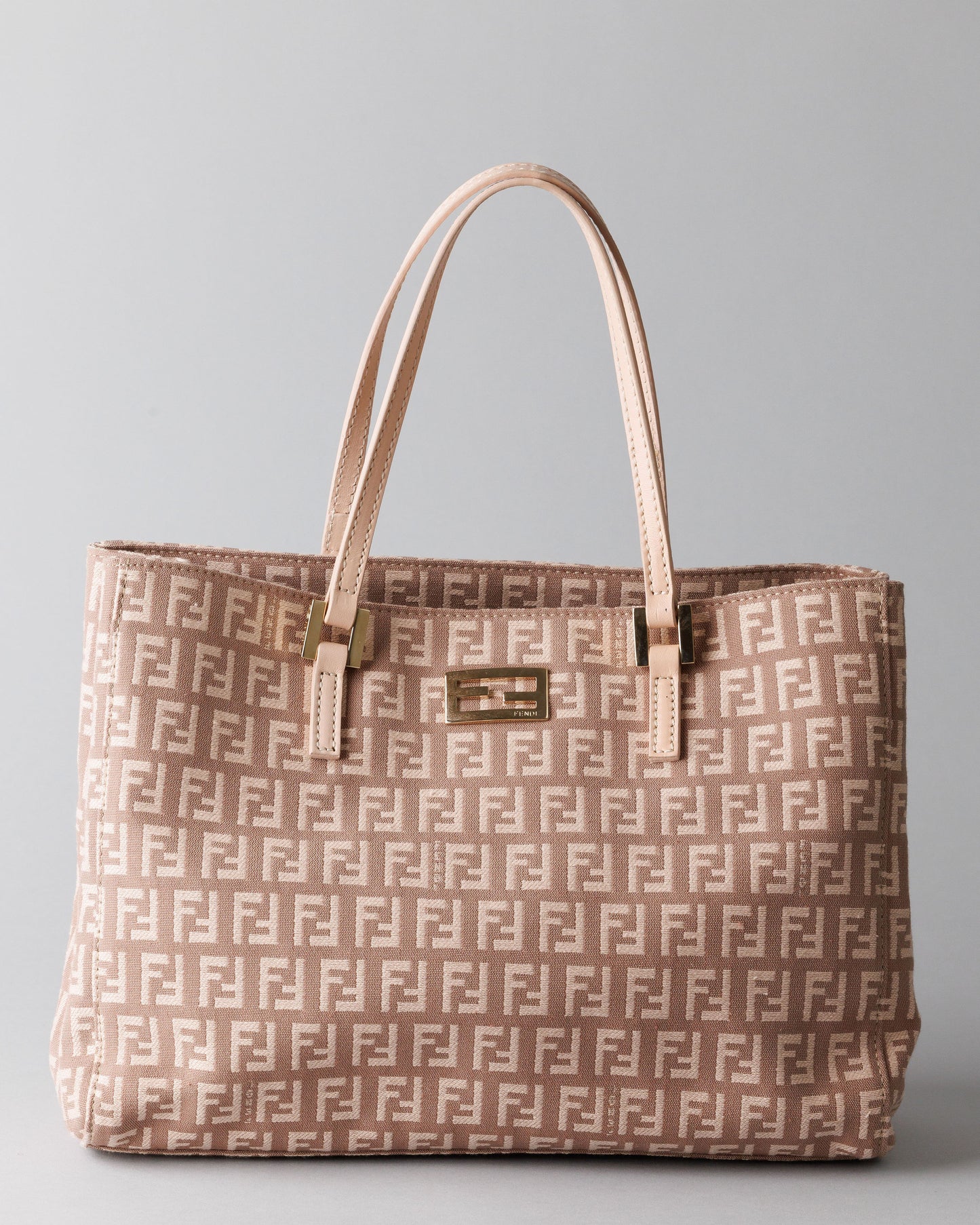 FENDI Zucchino Canvas Leather Hand Bag Pink / Beige