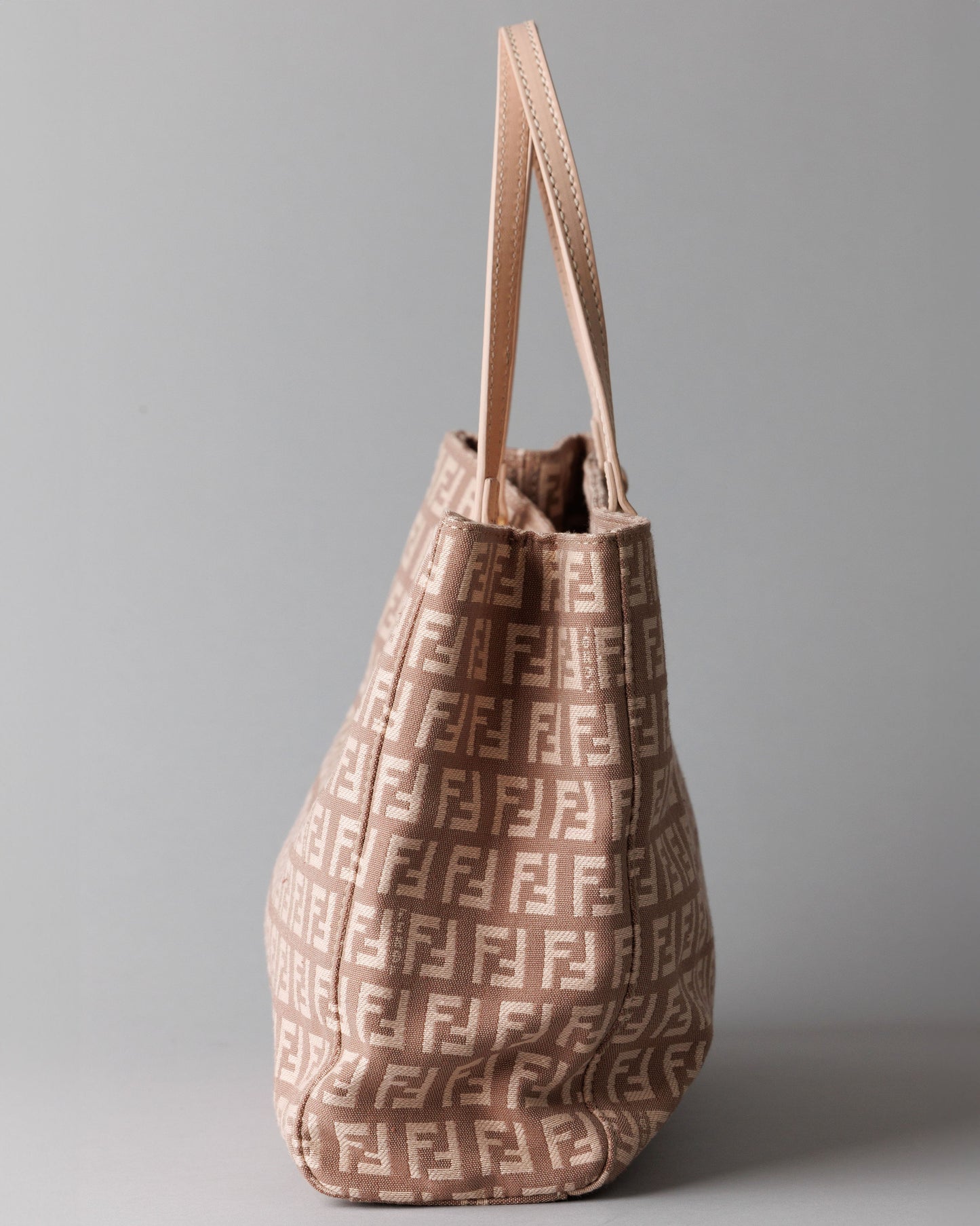 FENDI Zucchino Canvas Leather Hand Bag Pink / Beige