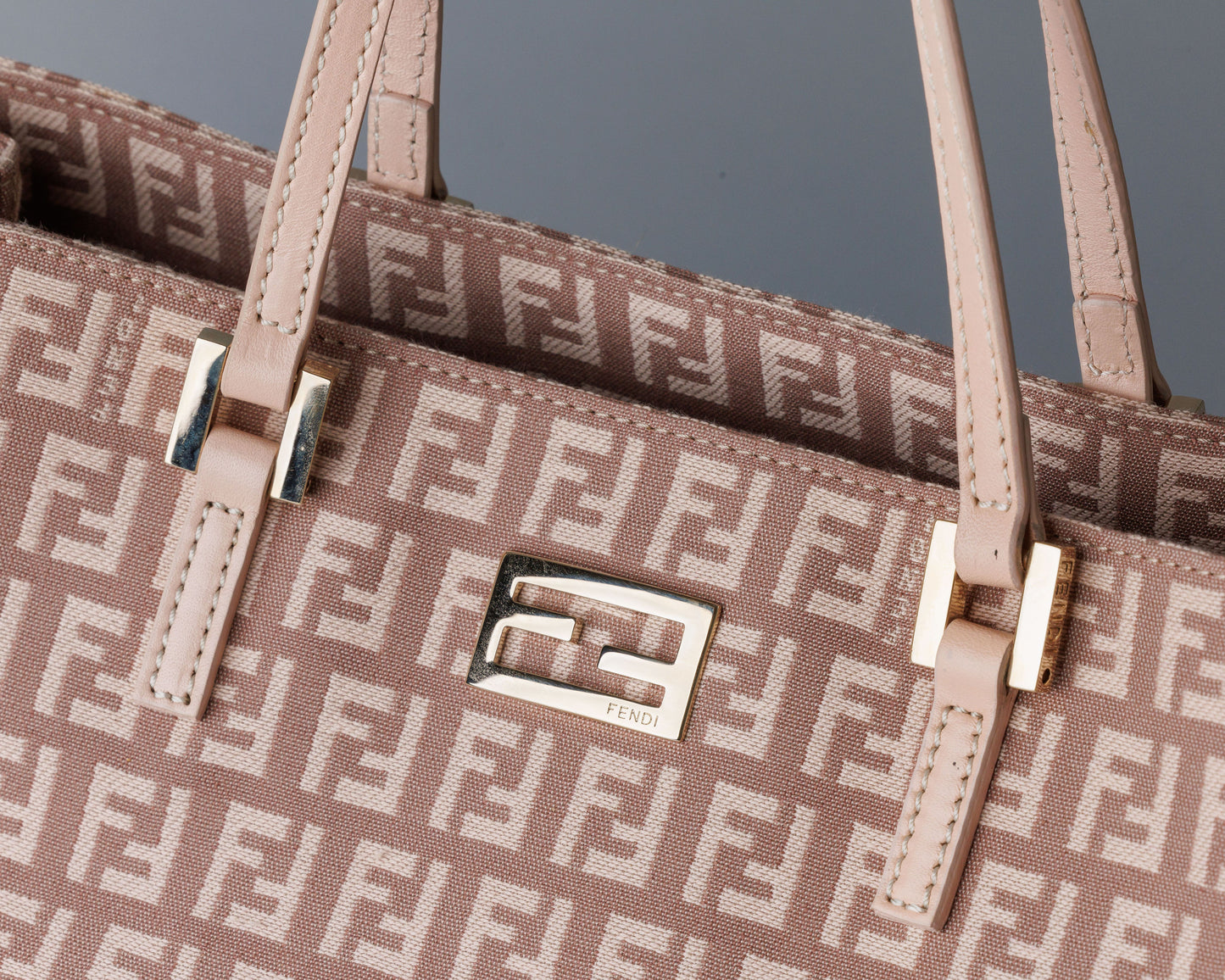FENDI Zucchino Canvas Leather Hand Bag Pink / Beige