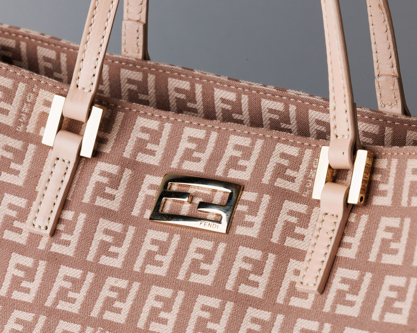 FENDI Zucchino Canvas Leather Hand Bag Pink / Beige