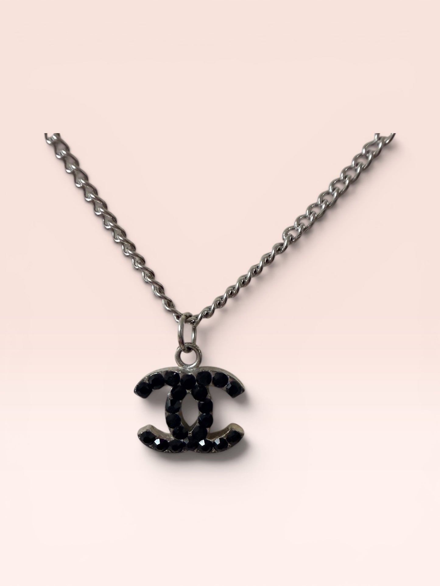 Chanel Silver Pendant Necklace w/ Black Rhinestones