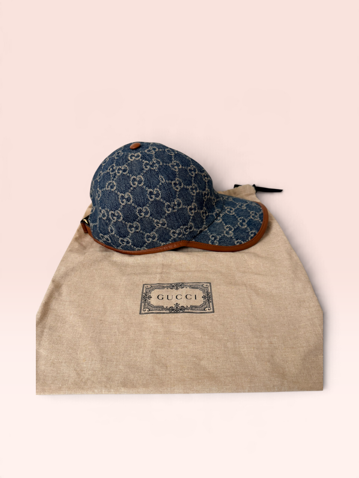 Gucci GG Denim Baseball Hat with Leather Trim w/ Dustbag Size Large 59cm