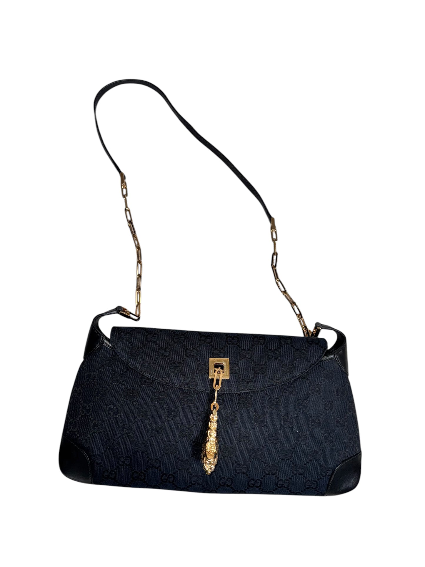 Gucci GG Dionysus Tiger Head Canvas/Leather Gold Chain Shoulder Bag (Black)
