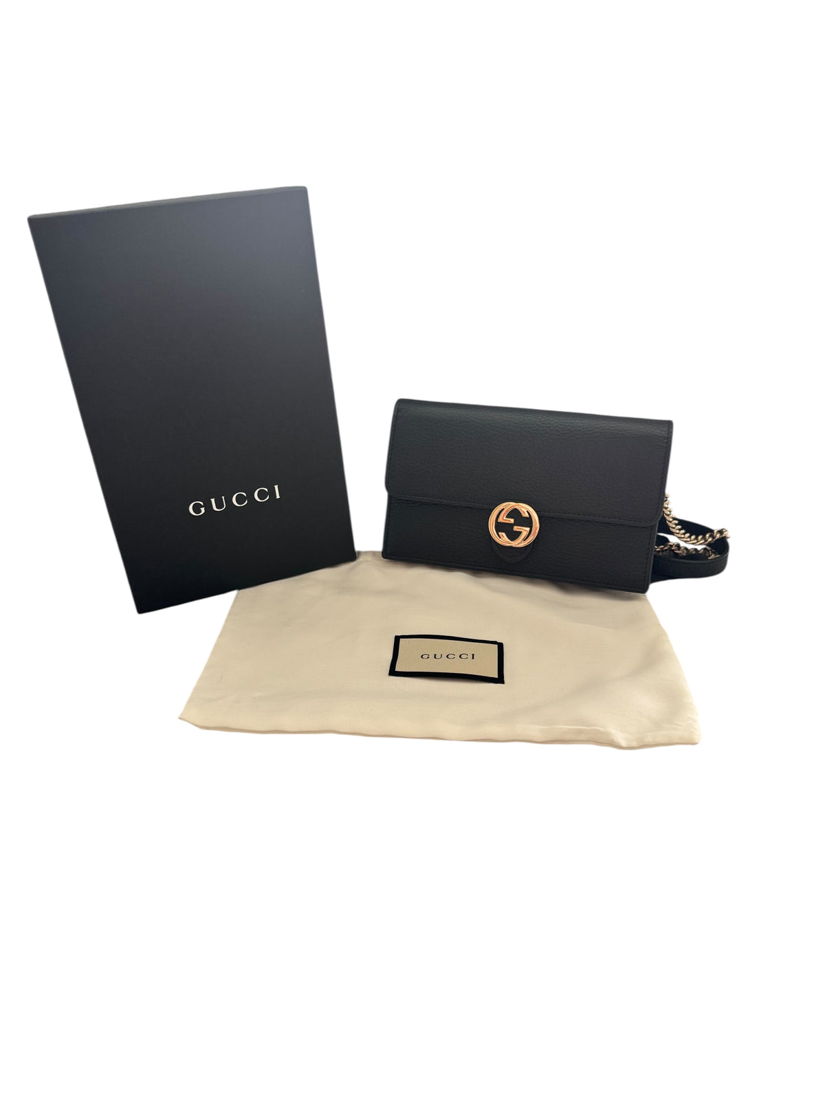 Gucci Pebbled Leather Interlocking GG Wallet on Chain Black Full Set