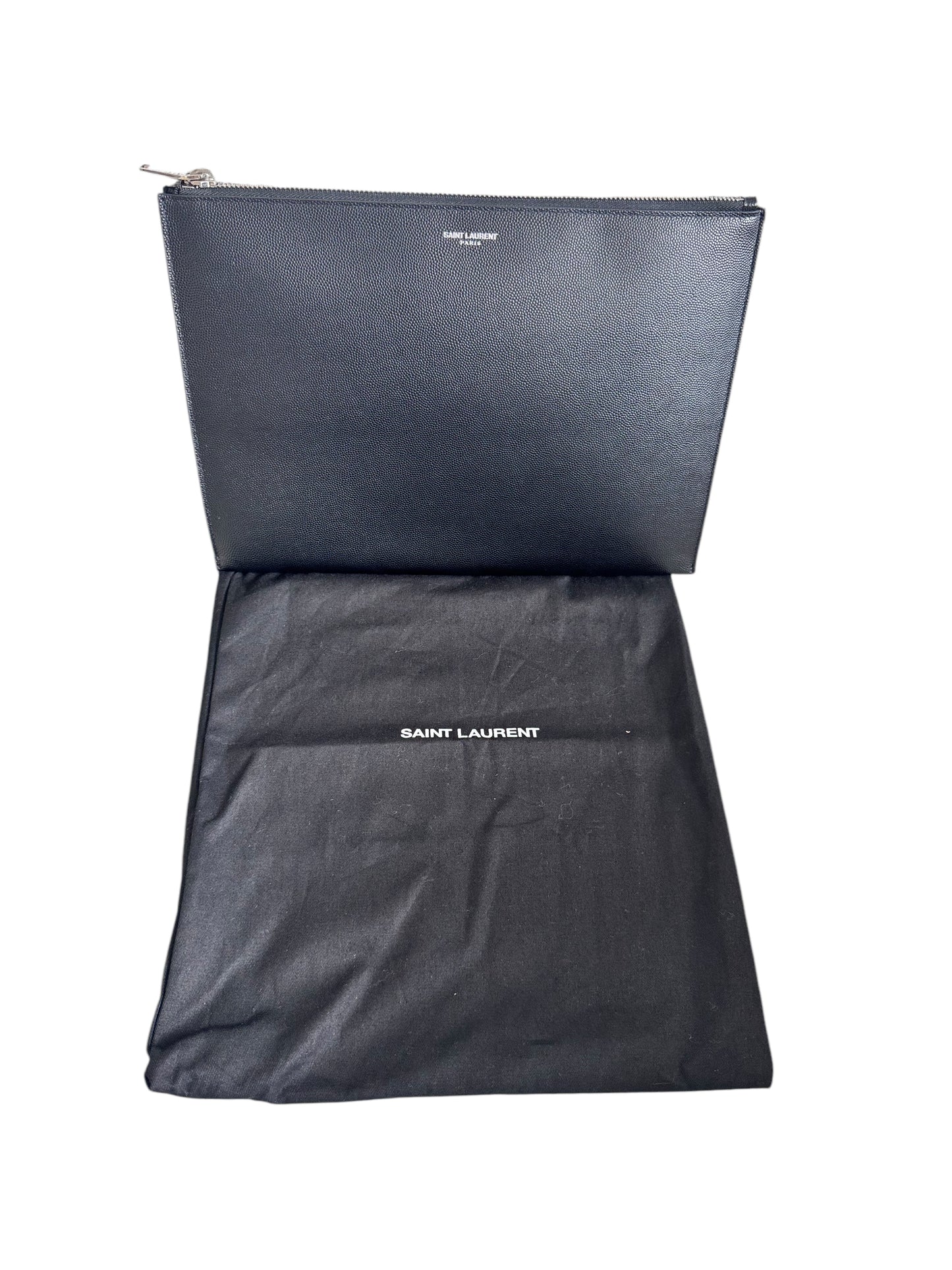 Saint Laurent Grained Leather Zip Clutch with Dustbag Black