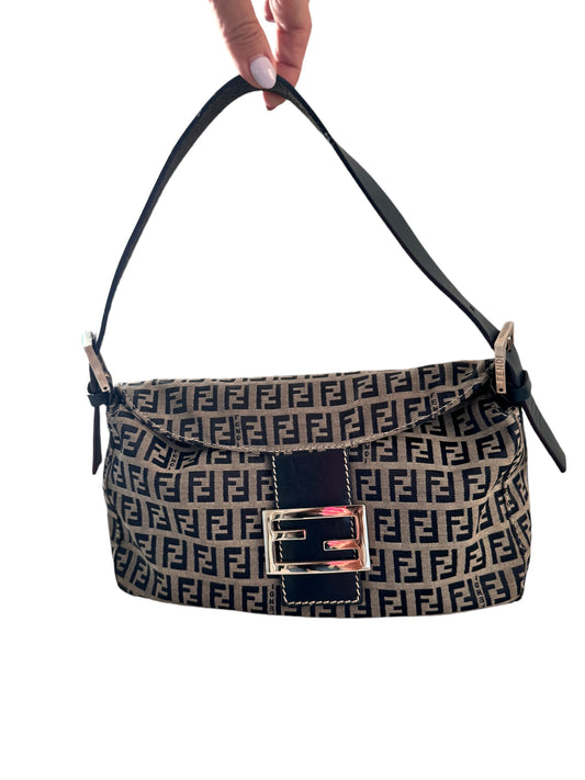 FENDI Canvas Leather Zucchino Shoulder Bag (Navy/Silver)