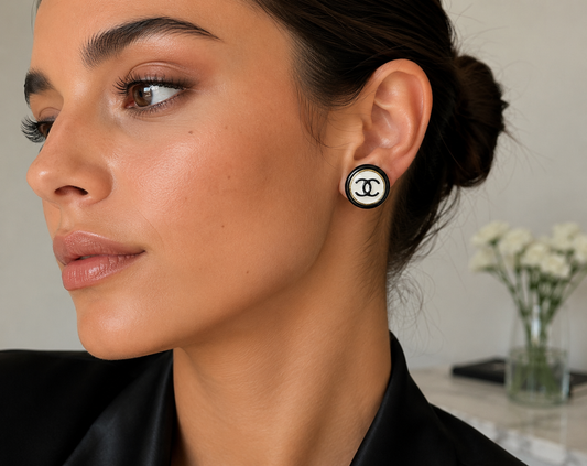 Chanel Coco Mark Clip On Earrings 1997 w/ Box (Black White)