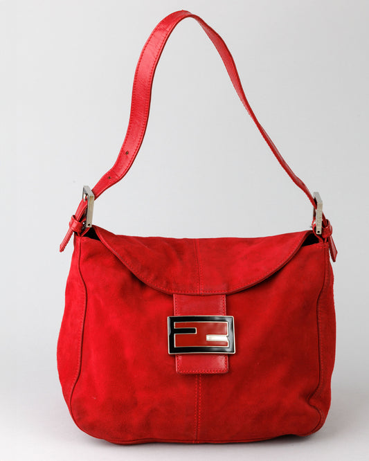 FENDI Mamma Baguette Red Suede Shoulder bag