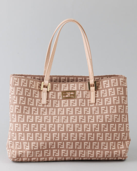 FENDI Zucchino Canvas Leather Hand Bag Pink / Beige