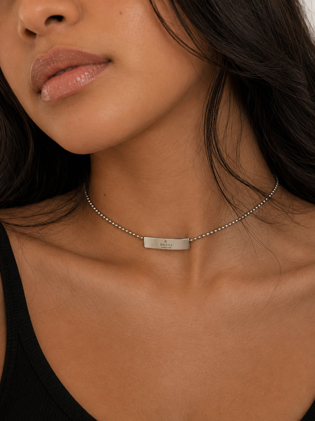 Gucci Sterling Silver Logo Plate Ball Choker Necklace