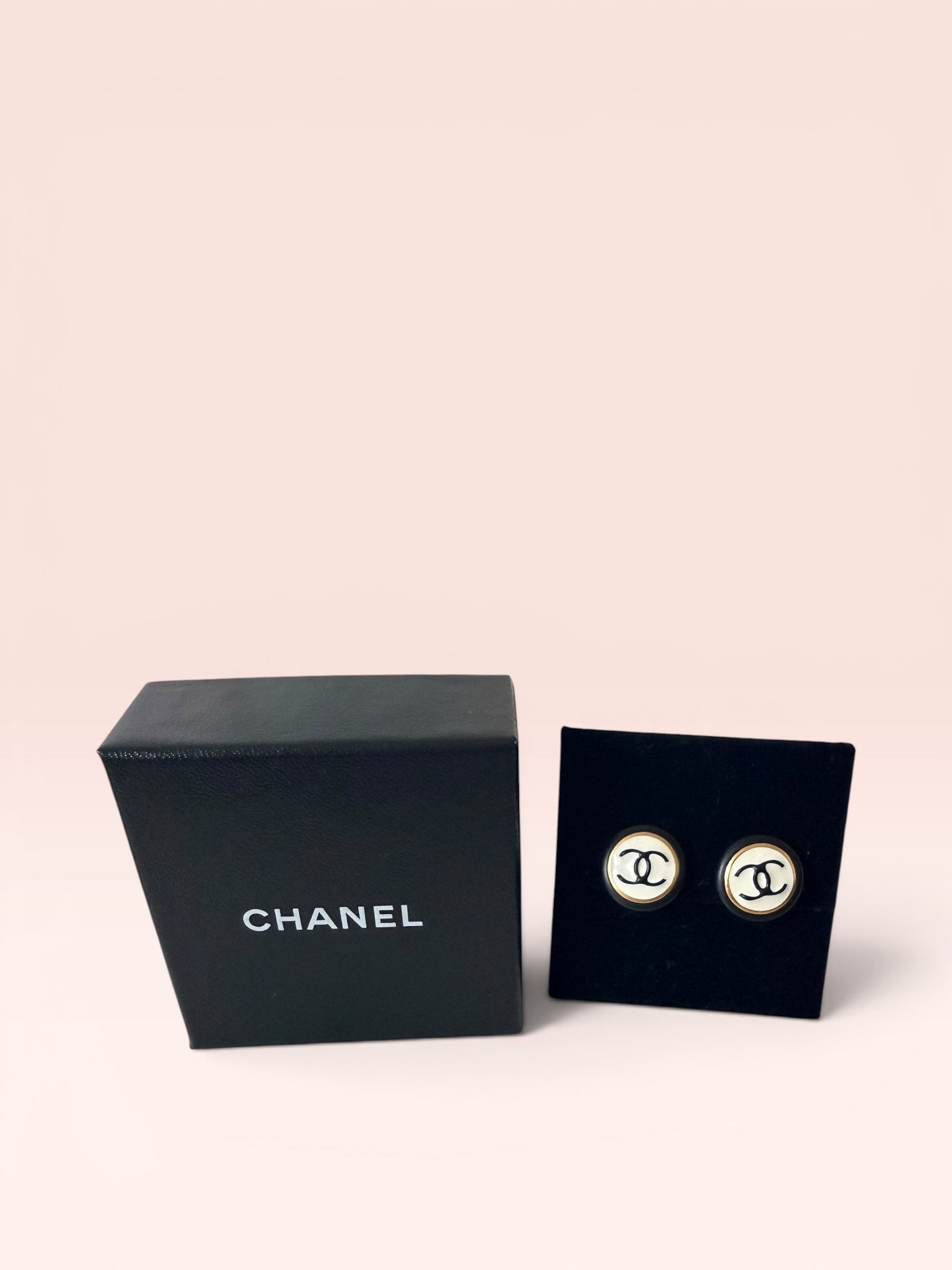 Chanel Coco Mark Clip On Earrings 1997 w/ Box (Black White)