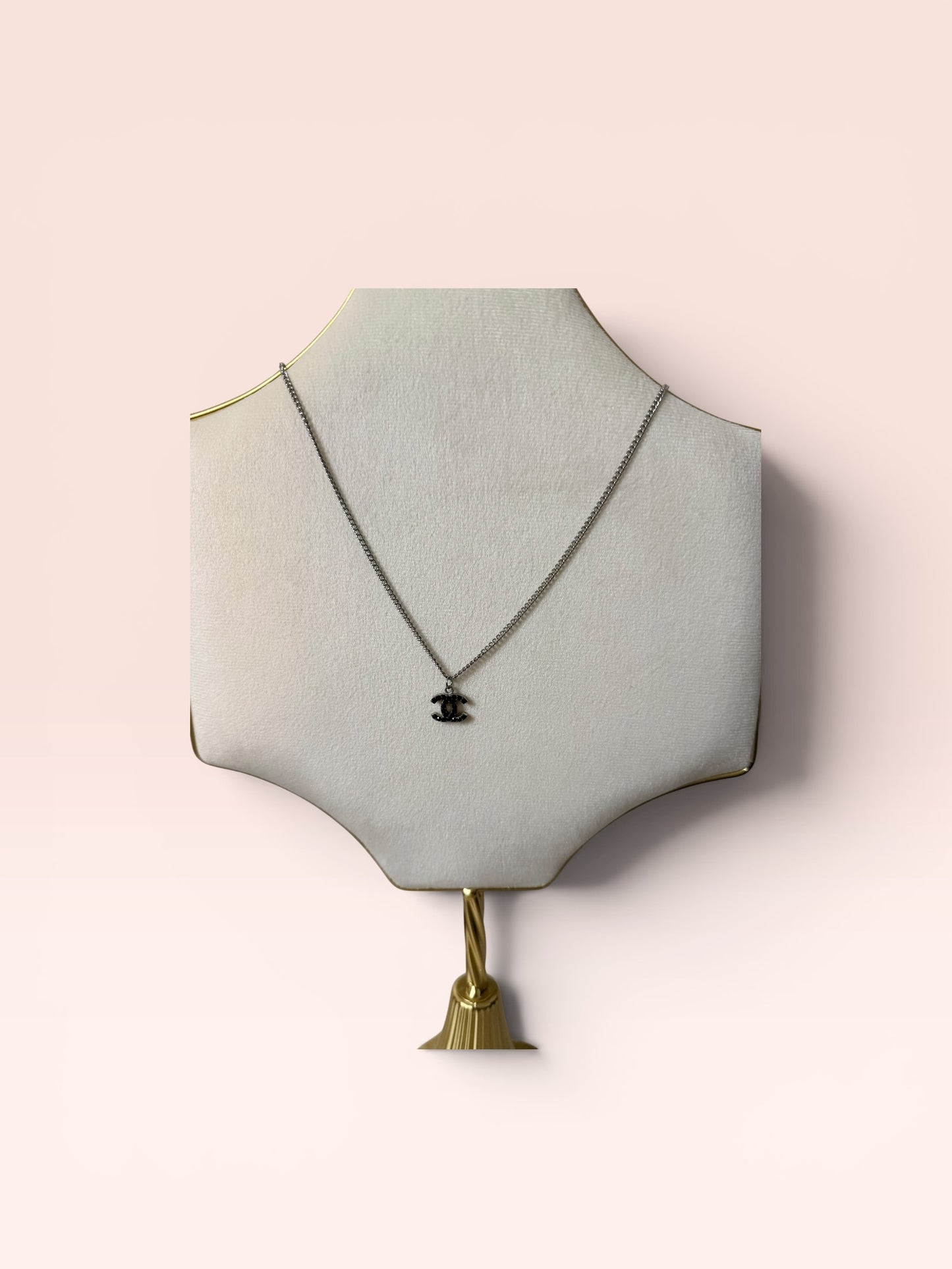 Chanel Silver Pendant Necklace w/ Black Rhinestones