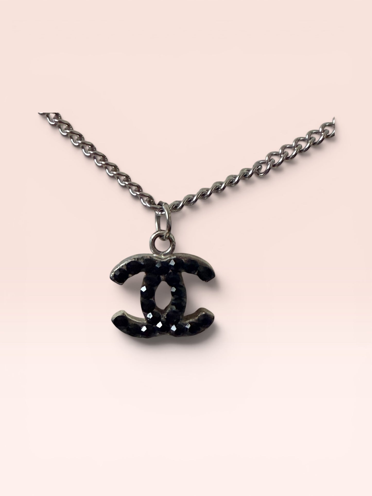Chanel Silver Pendant Necklace w/ Black Rhinestones