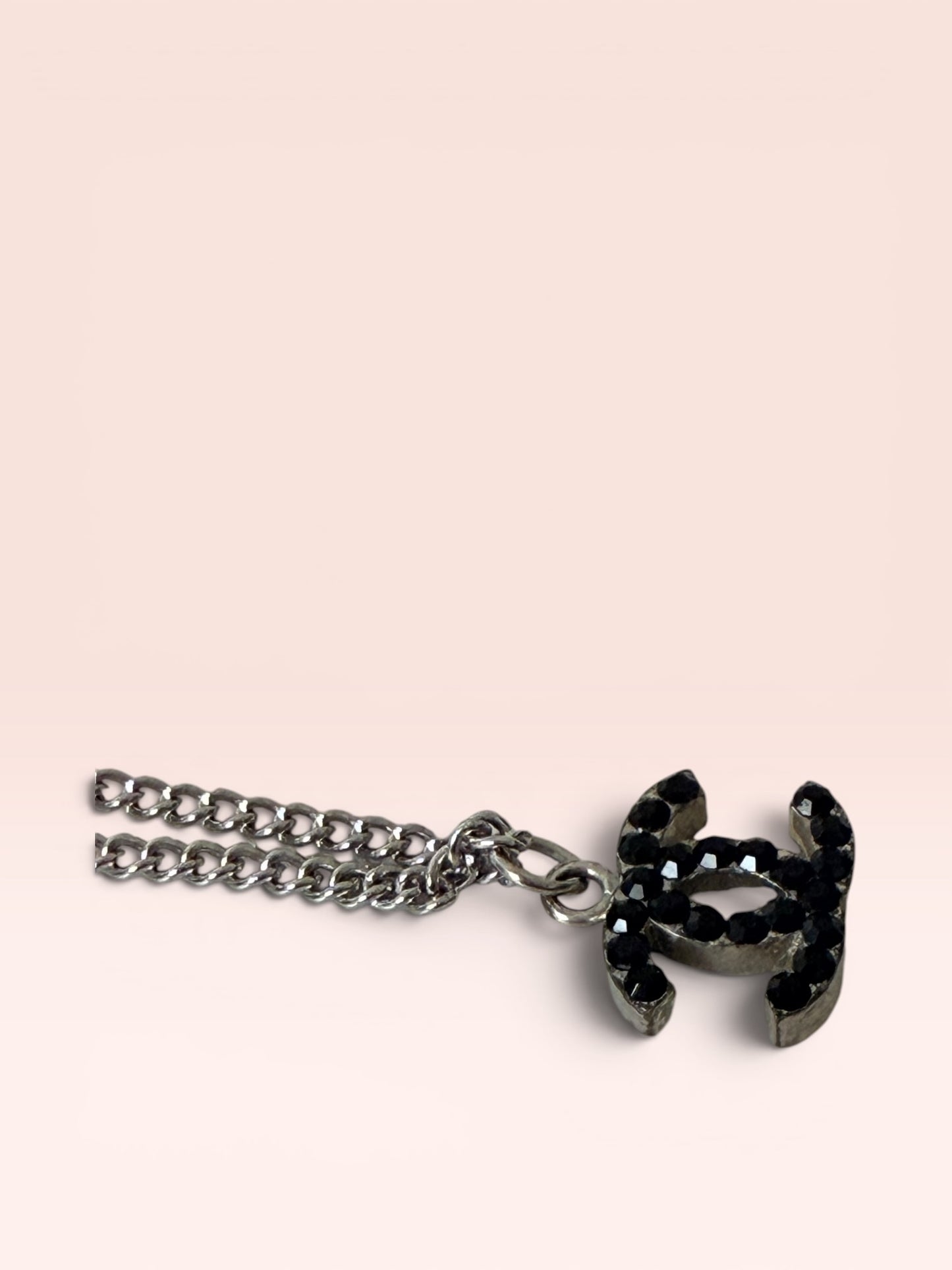 Chanel Silver Pendant Necklace w/ Black Rhinestones