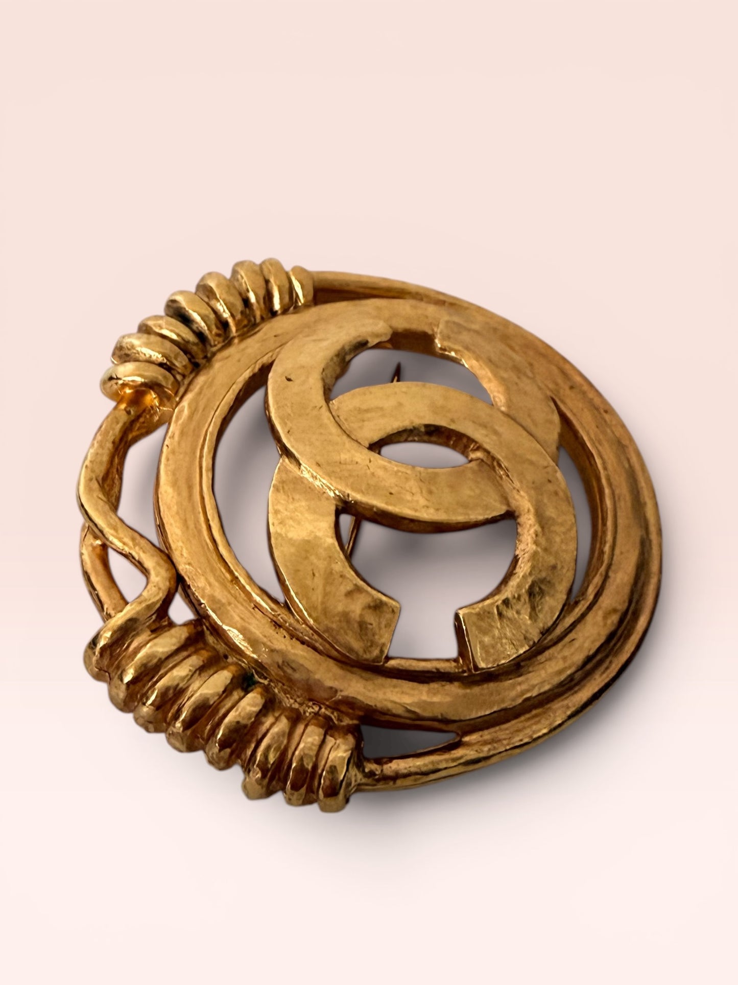 Chanel Gold Plated Interlocking CC Logo Brooch 1994 w/ Box