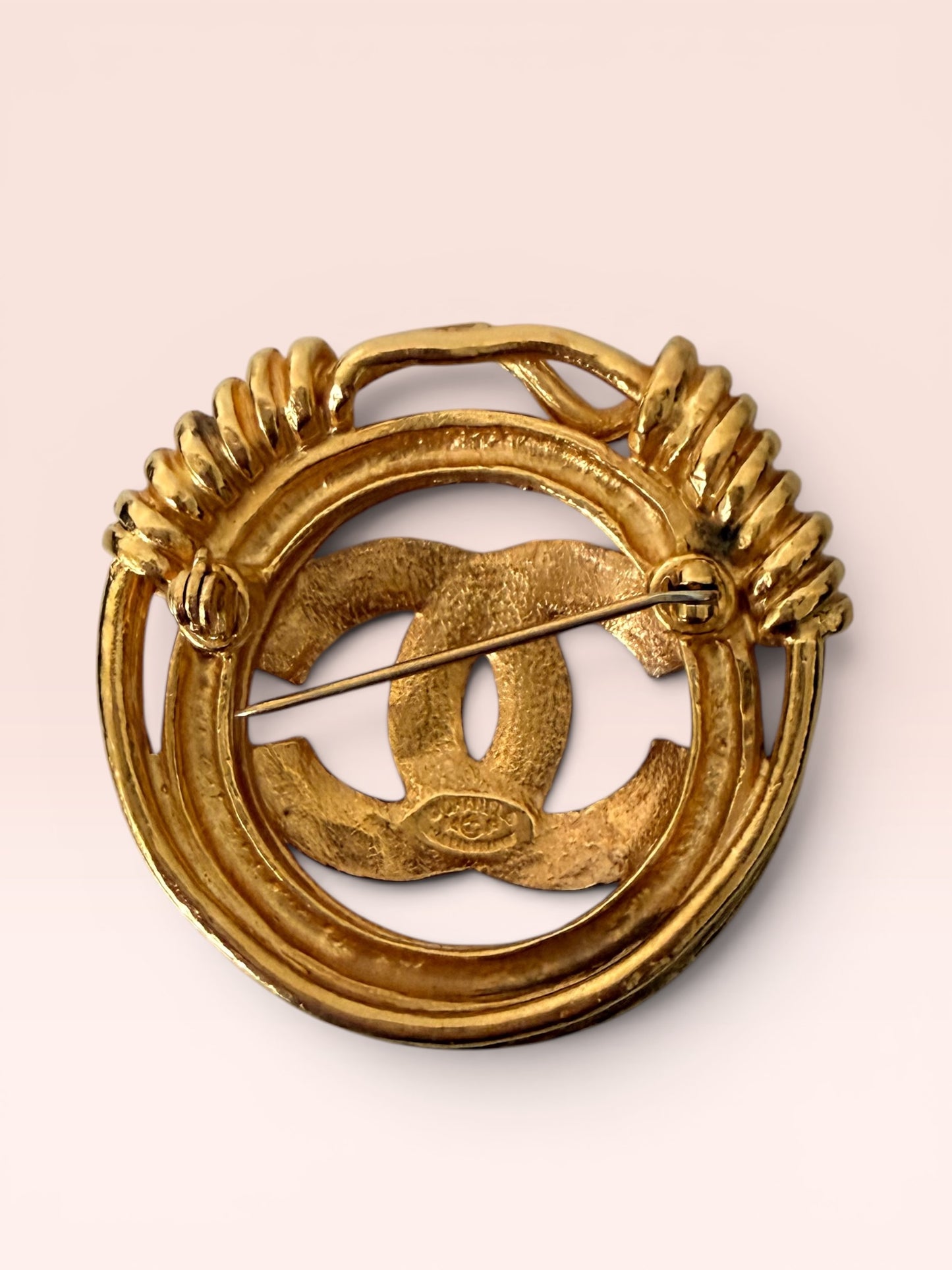 Chanel Gold Plated Interlocking CC Logo Brooch 1994 w/ Box