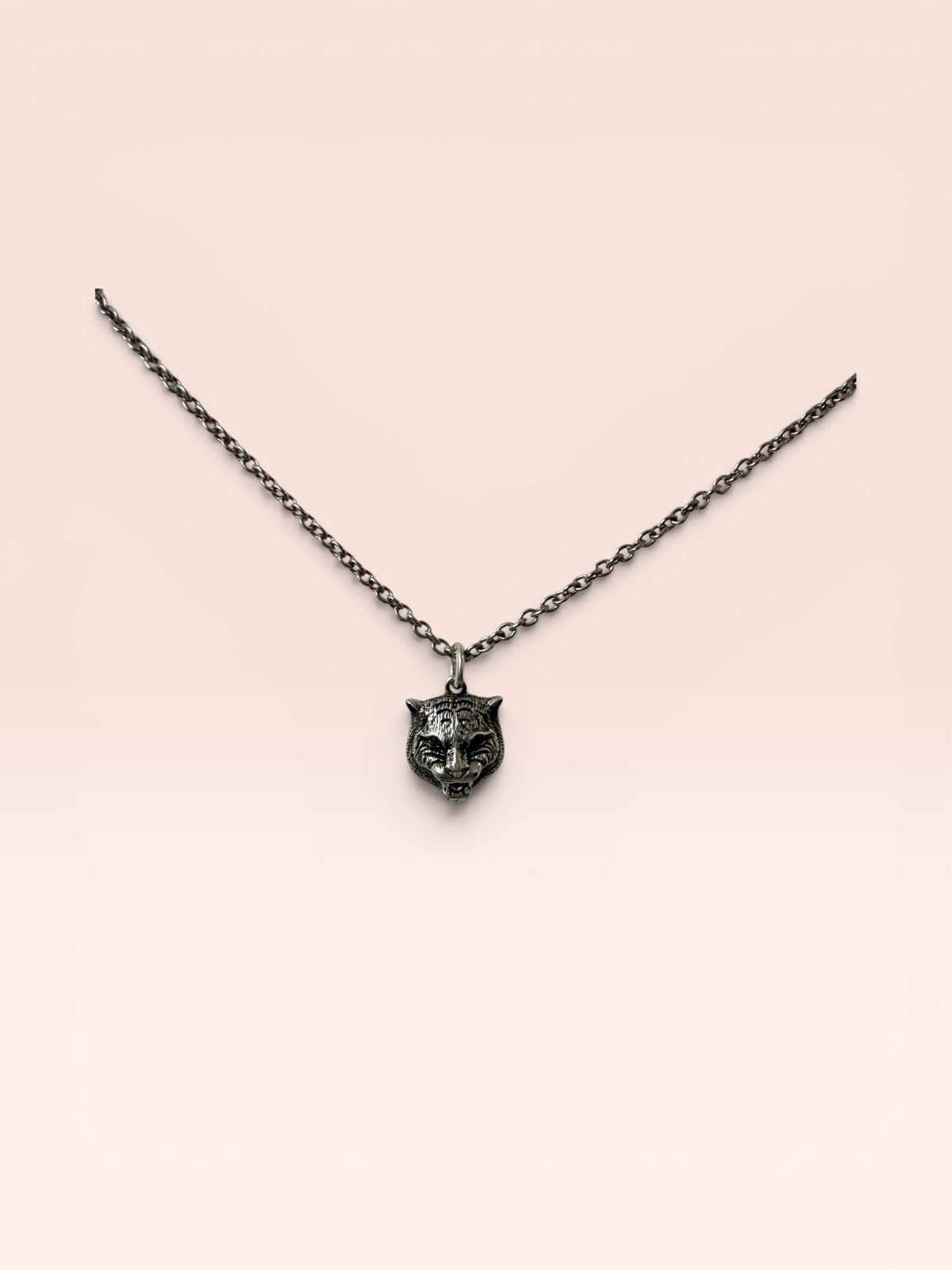 Gucci Feline Tiger Head Sterling Silver Necklace 22" -23"