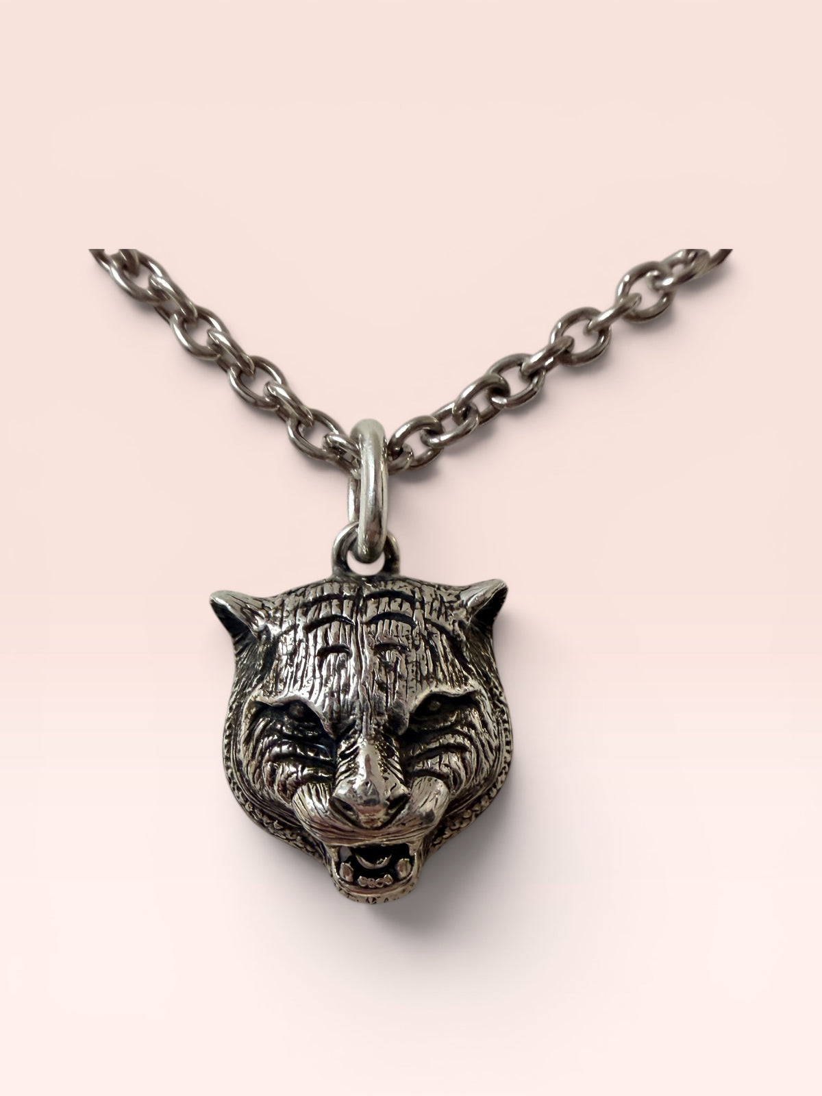 Gucci Feline Tiger Head Sterling Silver Necklace 22" -23"