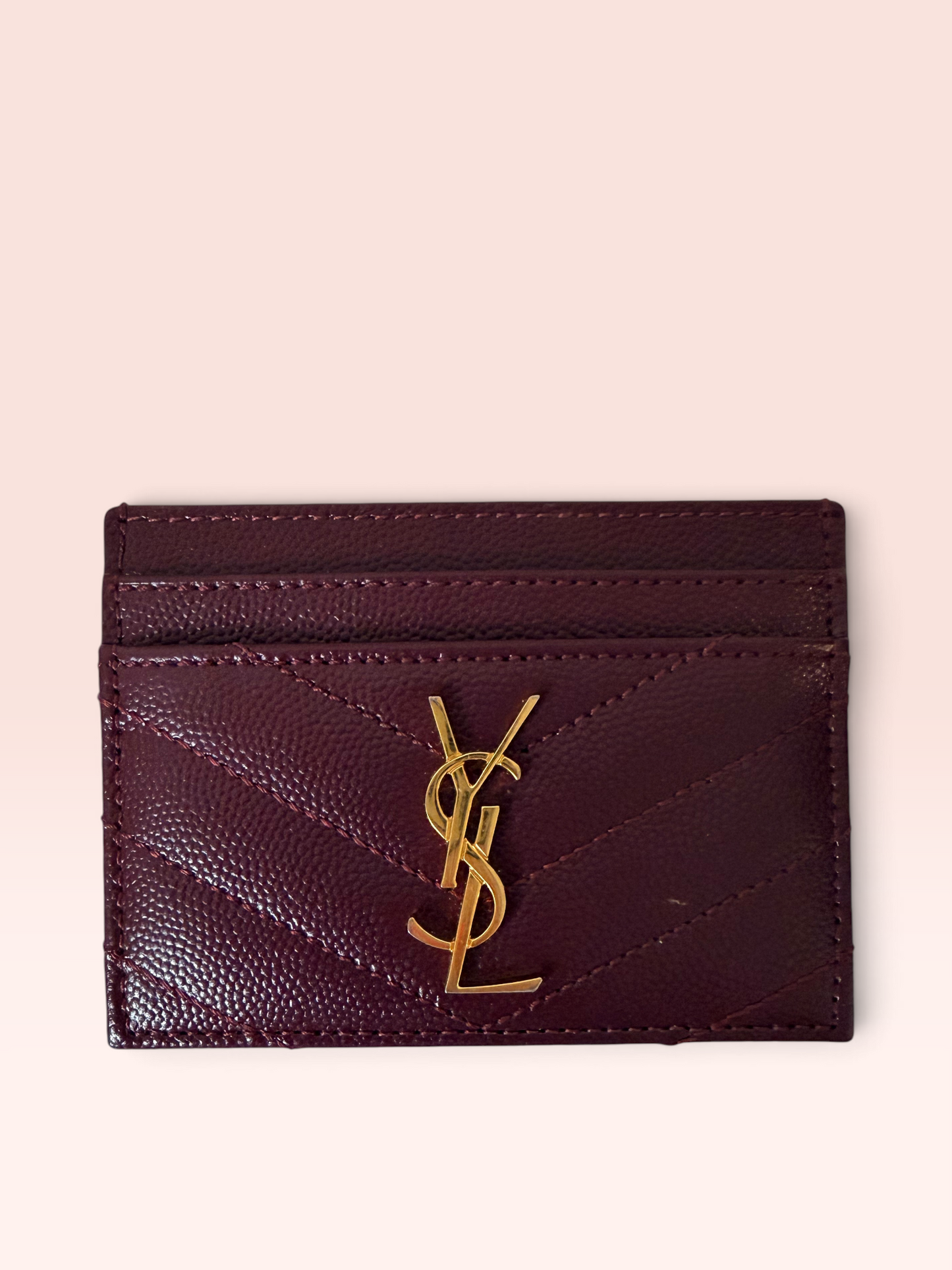 Saint Laurent GRAIN DE POUDRE Leather Cassandre Card Case (ROUGE CABERNET)