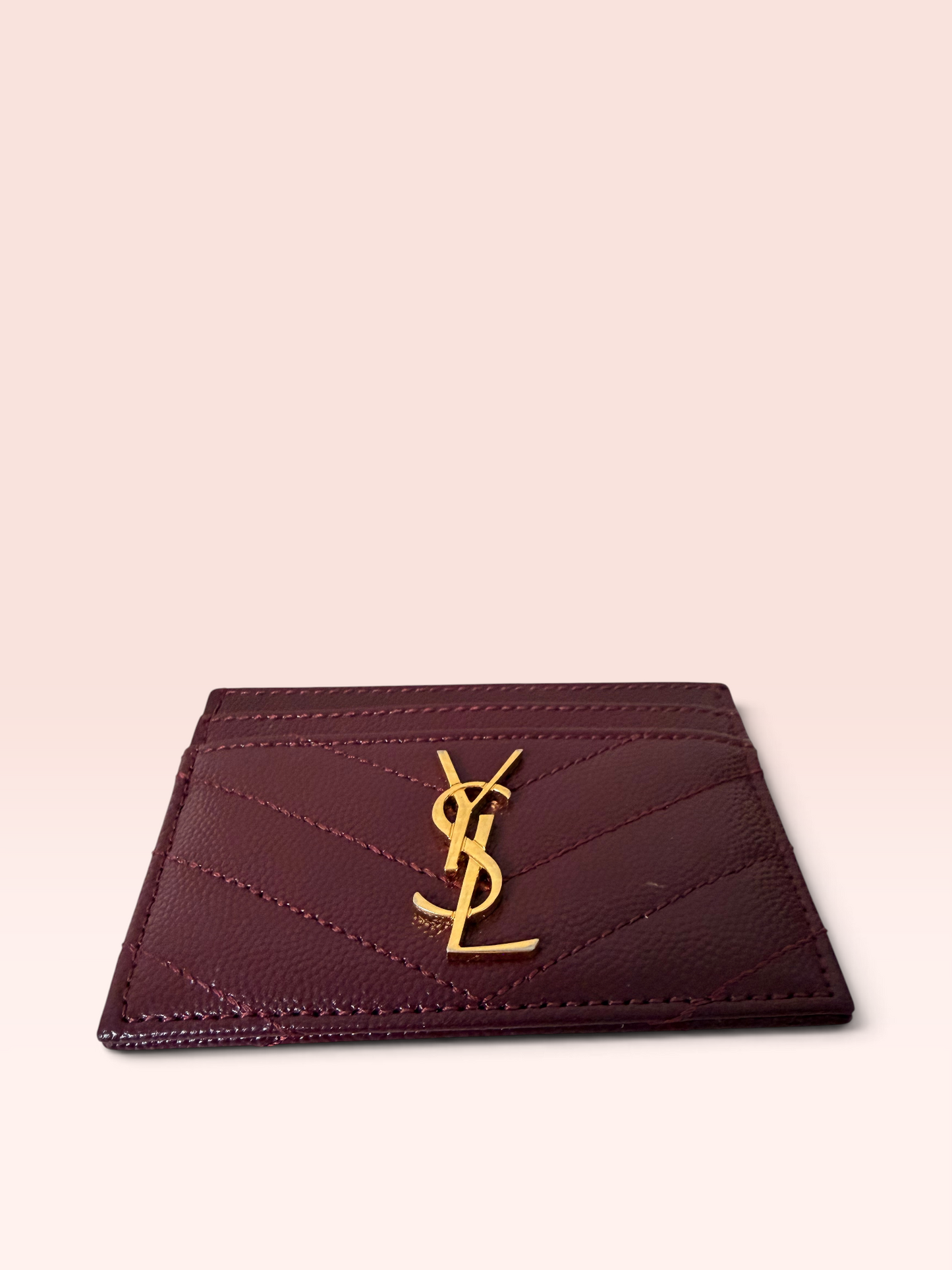 Saint Laurent GRAIN DE POUDRE Leather Cassandre Card Case (ROUGE CABERNET)