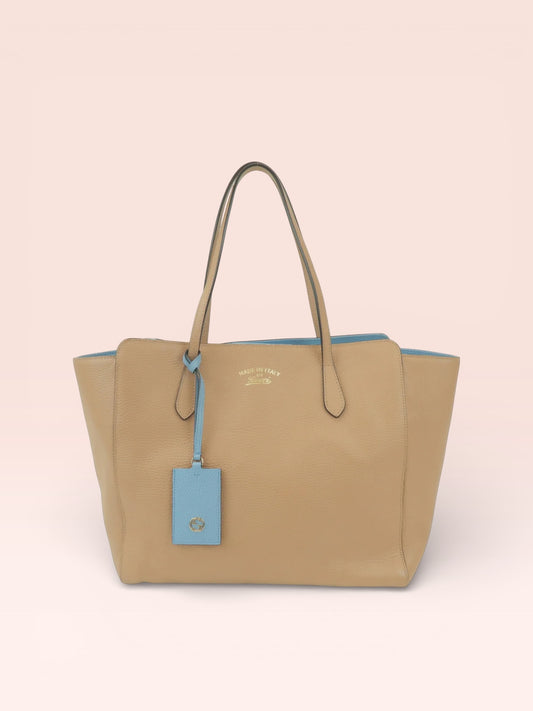 Gucci Leather Swing Tote Bag (Beige/Blue)