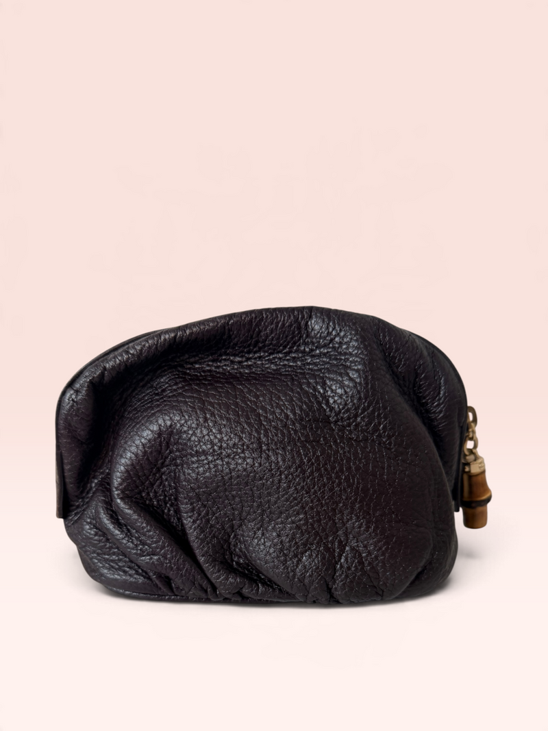 Gucci Grained Calfskin Bamboo Cosmetic Pouch (Dark Brown)