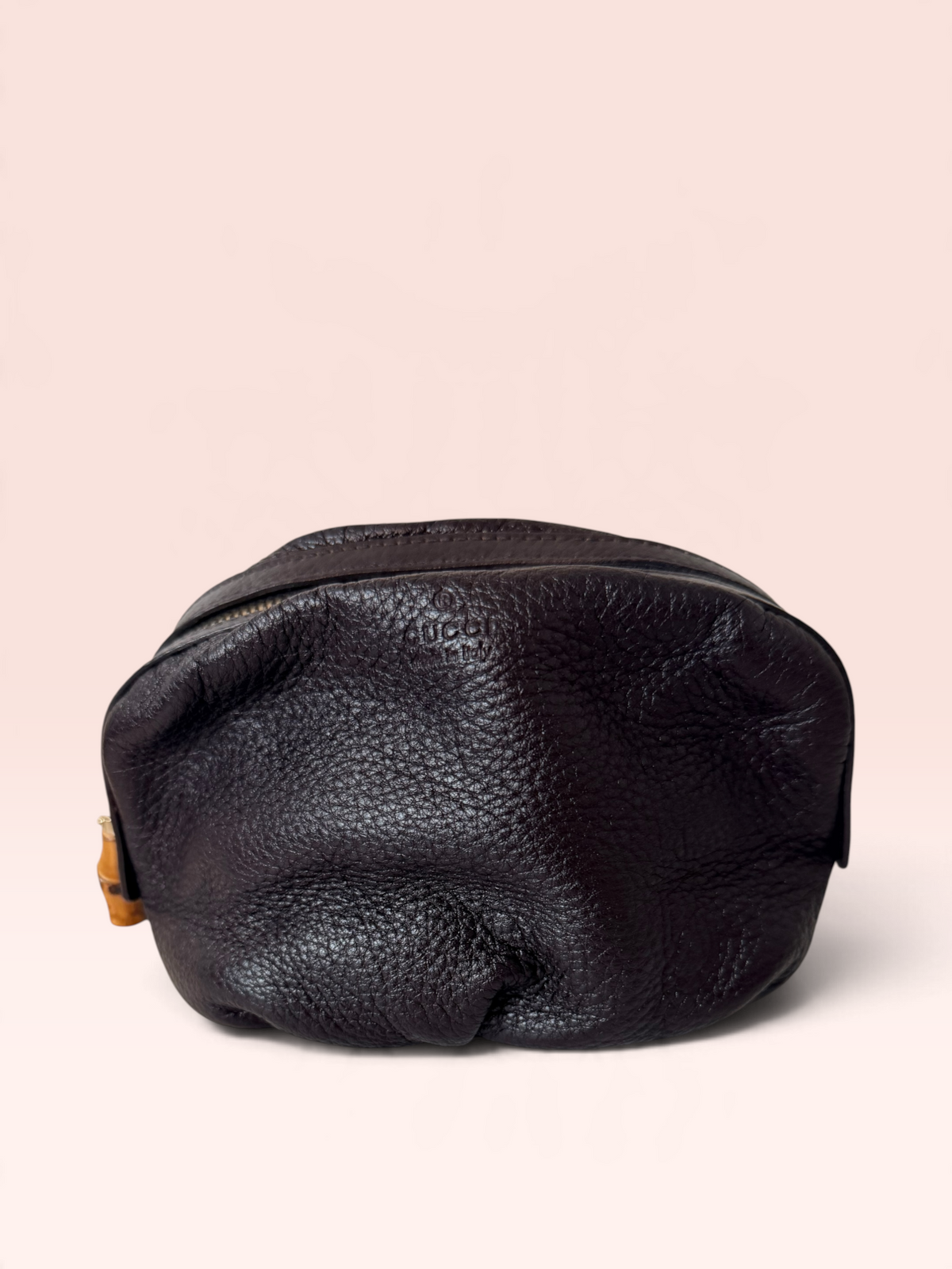 Gucci Grained Calfskin Bamboo Cosmetic Pouch (Dark Brown)