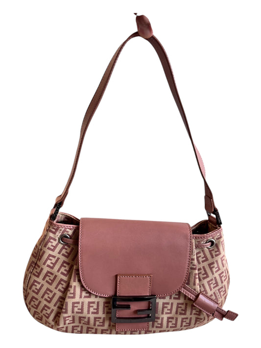 Fendi Zucchino Small Drawstring Flap Bag (Pink/Beige)