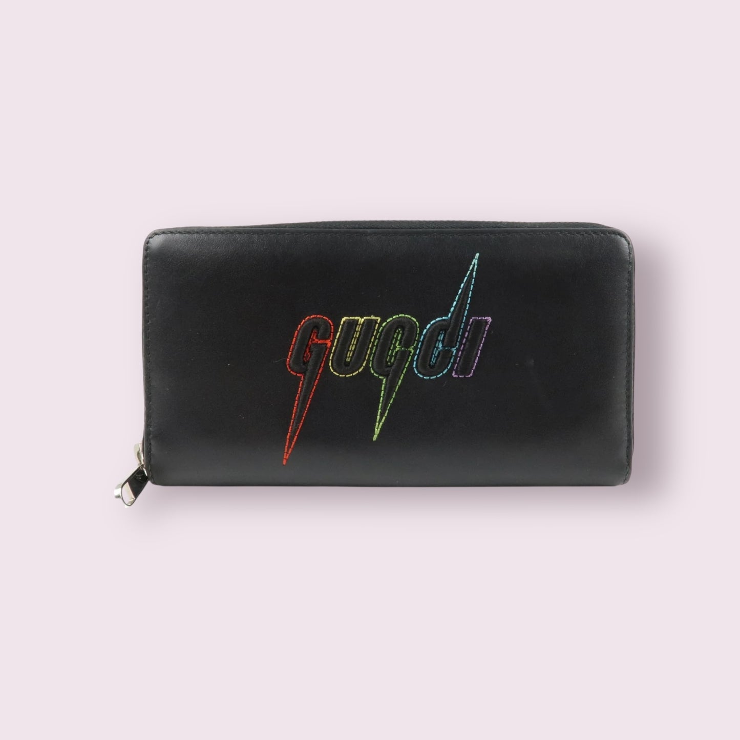 Gucci Leather Embroidered Rainbow Zip Around Wallet (Black)