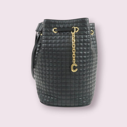 Celine Leather Quilted Bucket Bag with Gold Chain and Letter C Charm