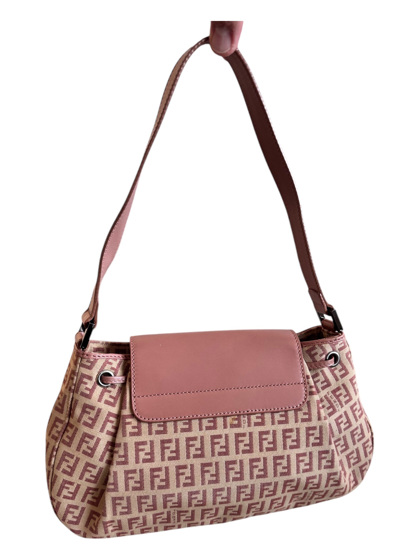 Fendi Zucchino Small Drawstring Flap Bag (Pink/Beige)