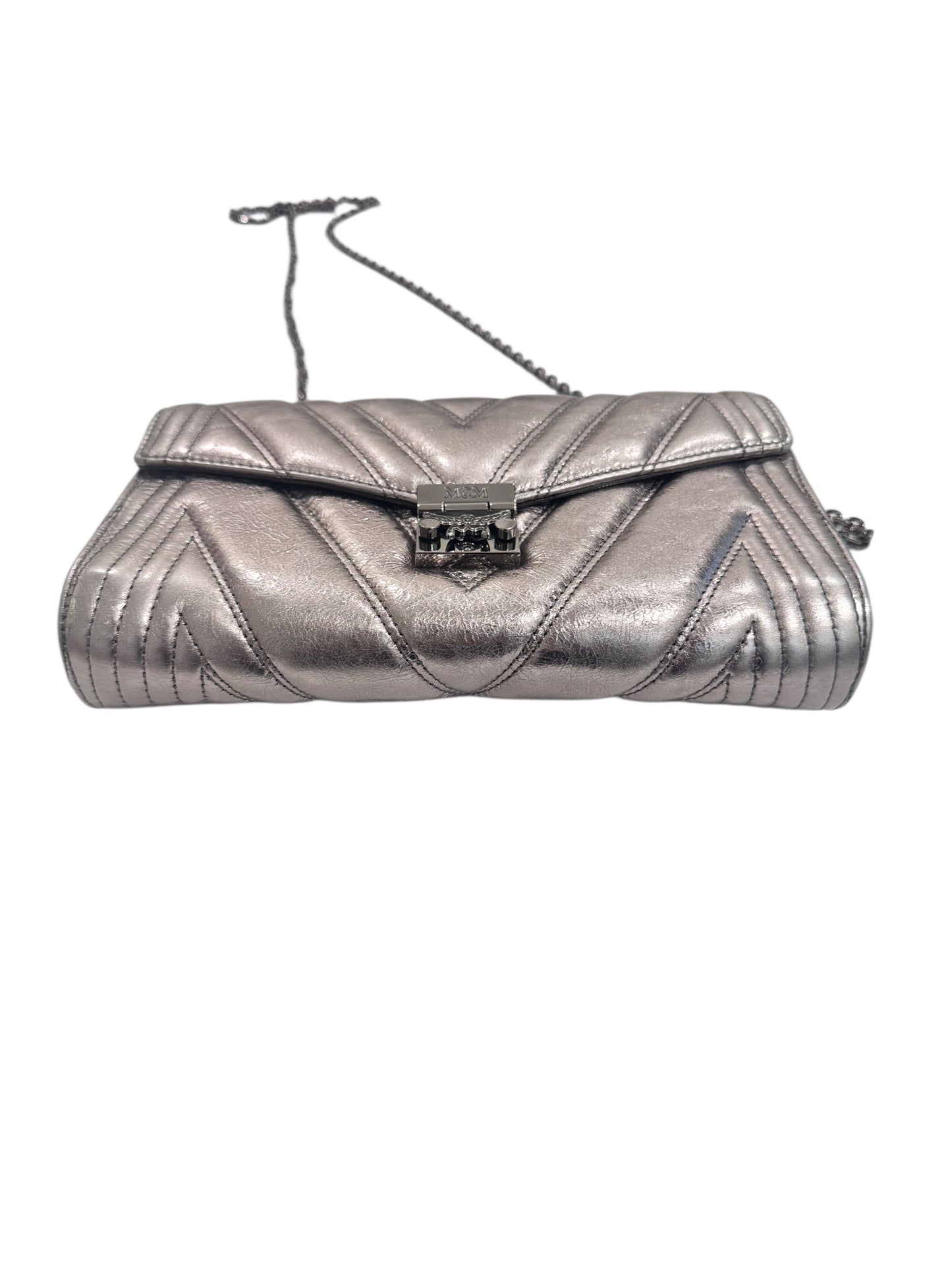MCM Calfskin Leather Metallic Crossbody/Clutch in Berline Silver w/ Dustbag