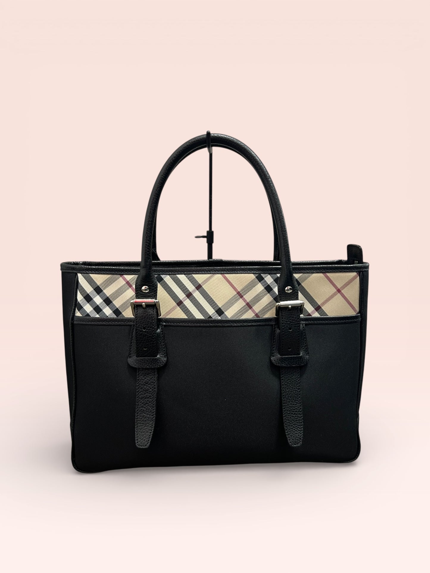 Burberry Nylon Leather Nova Check Tote Bag