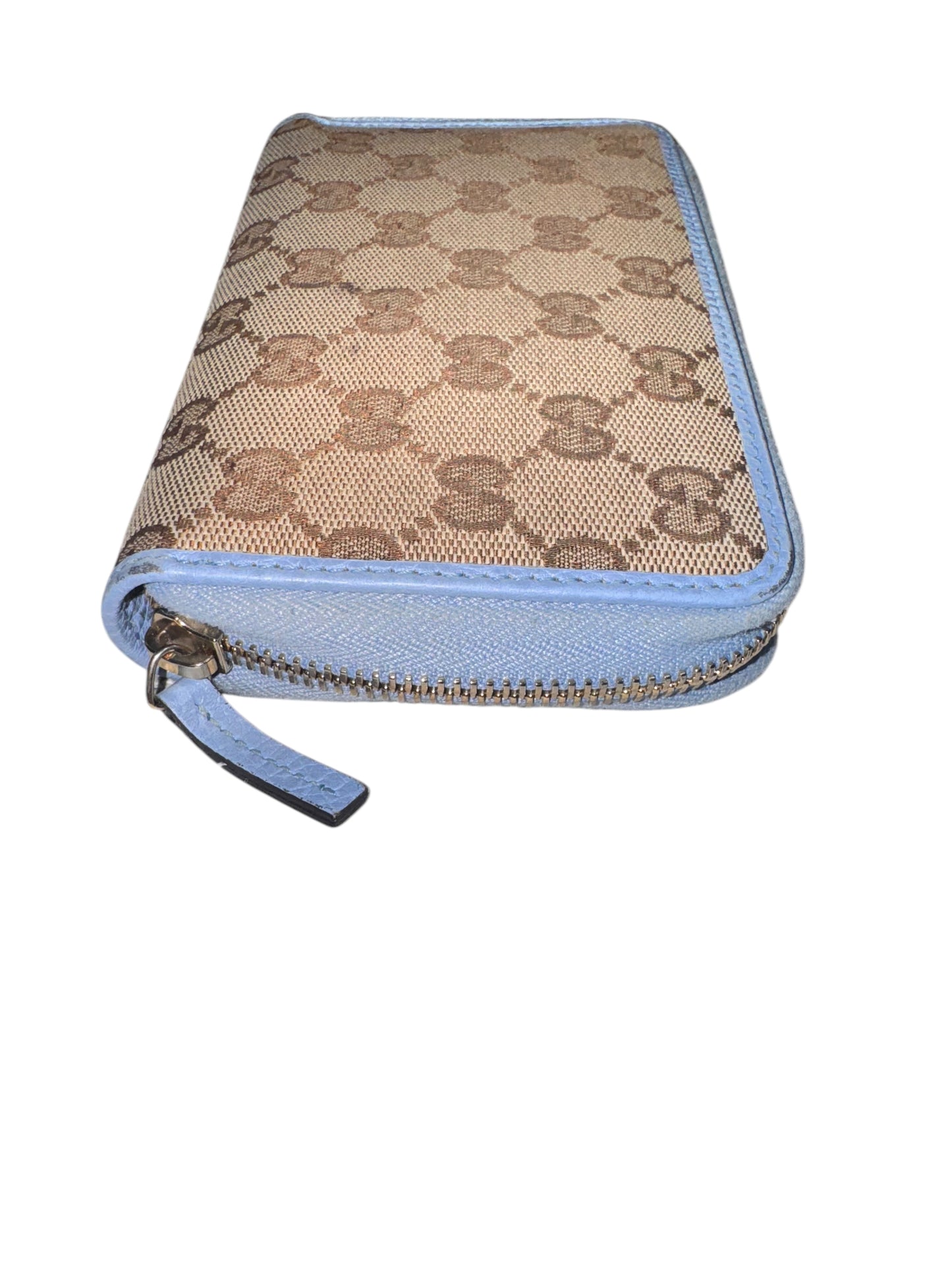 Gucci Monogram Dollar Calfskin Zip Around Compact Wallet in Beige Ebony Mineral Blue