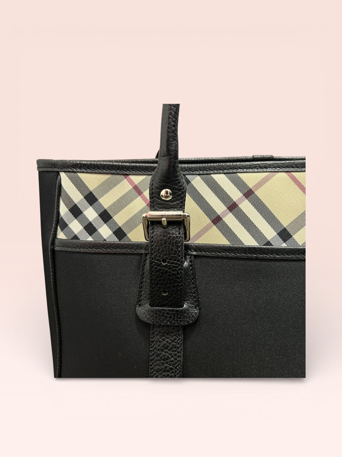 Burberry Nylon Leather Nova Check Tote Bag