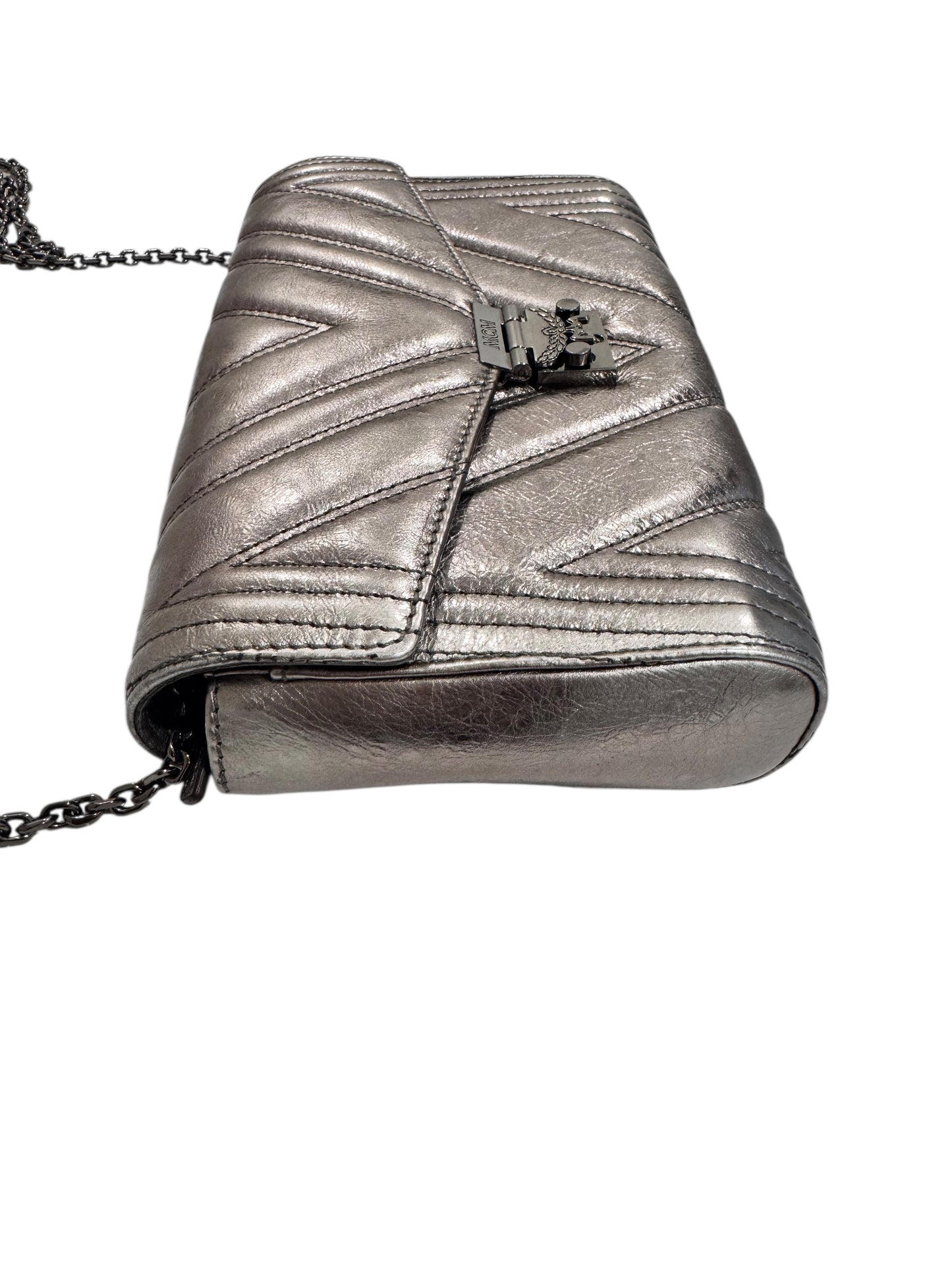 MCM Calfskin Leather Metallic Crossbody/Clutch in Berline Silver w/ Dustbag