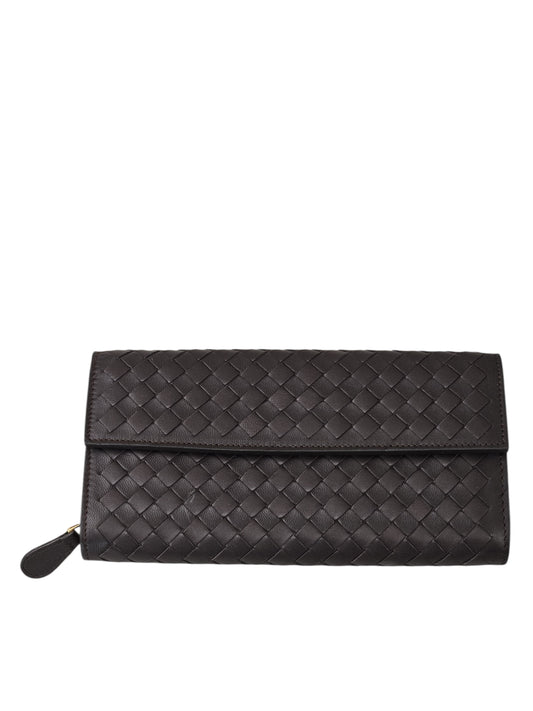 Bottega Veneta Leather Intrecciato Weave Continental Wallet (Brown) Full Set