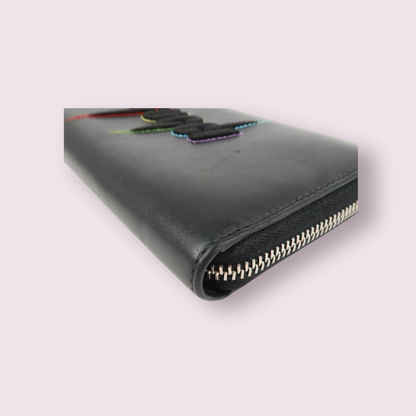 Gucci Leather Embroidered Rainbow Zip Around Wallet (Black)