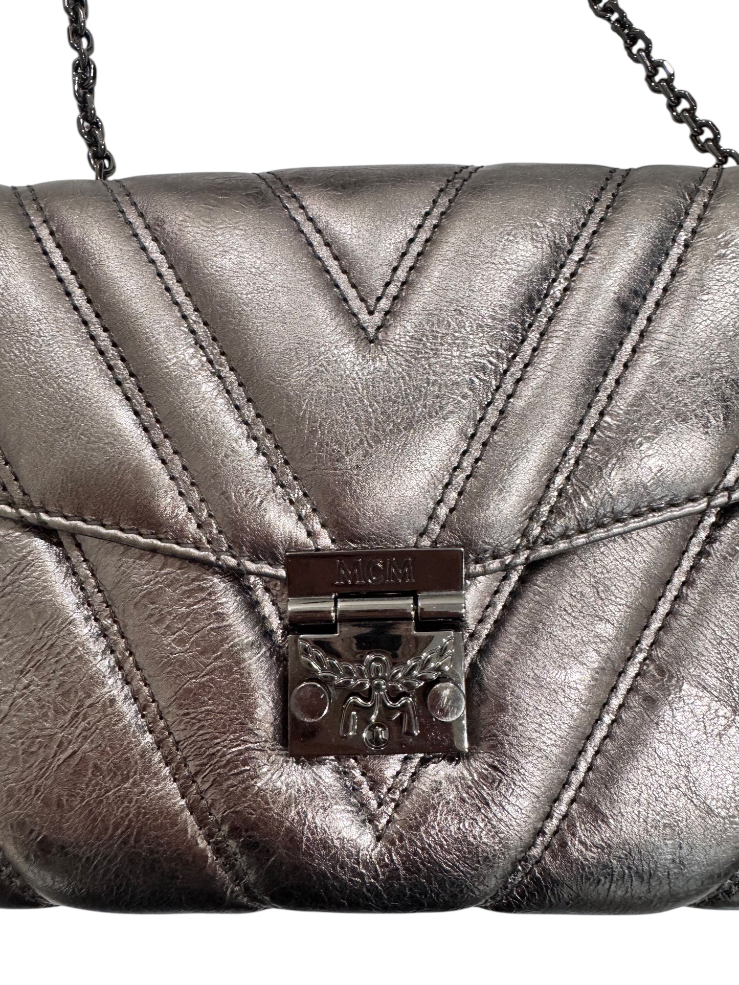 MCM Calfskin Leather Metallic Crossbody/Clutch in Berline Silver w/ Dustbag