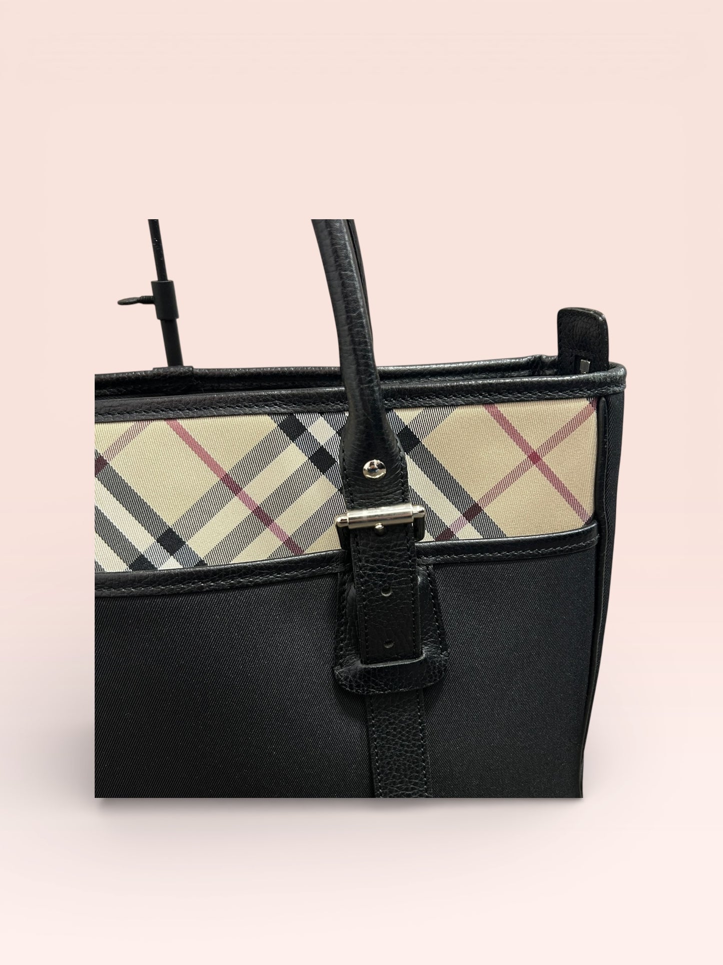 Burberry Nylon Leather Nova Check Tote Bag