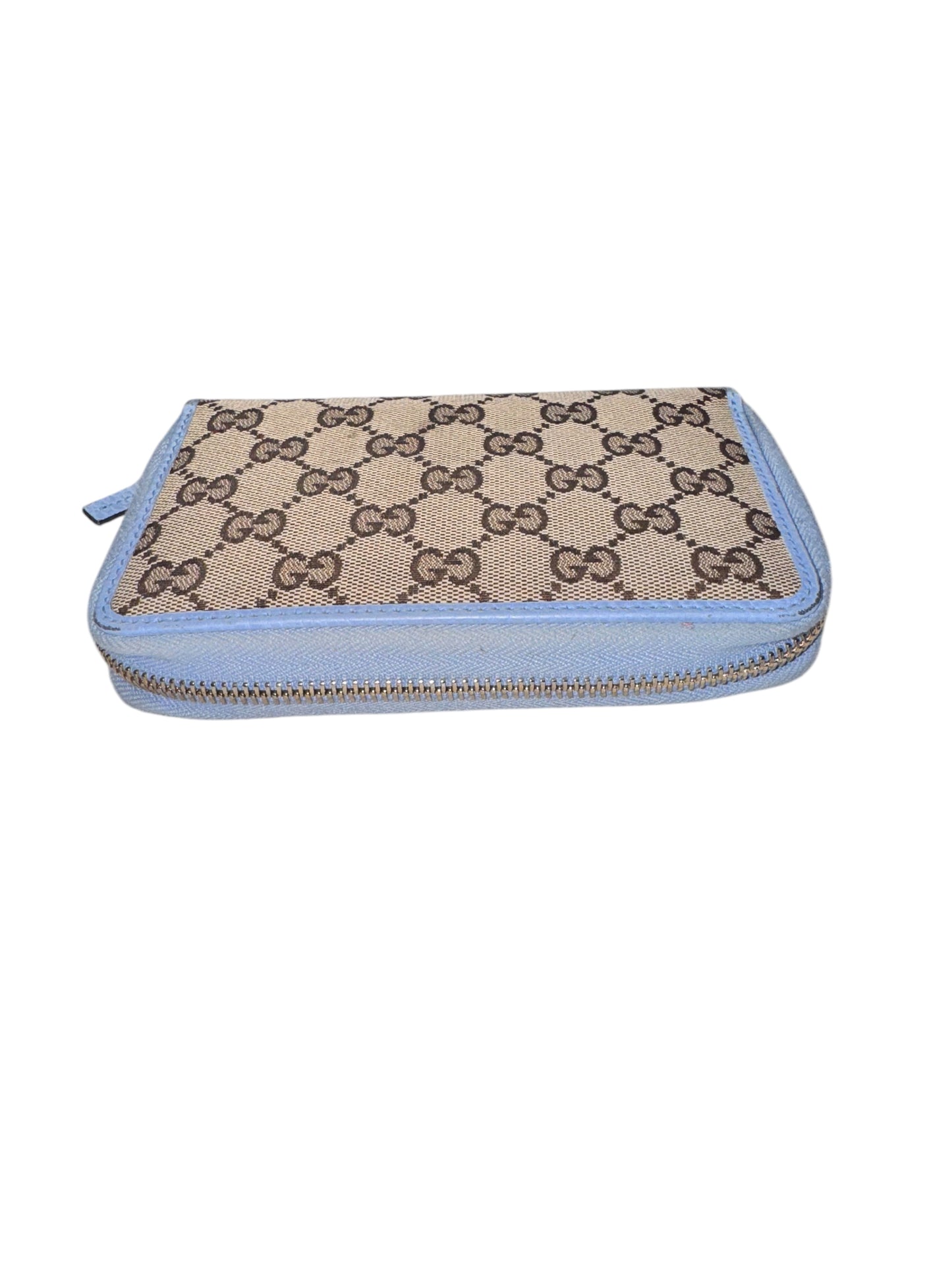 Gucci Monogram Dollar Calfskin Zip Around Compact Wallet in Beige Ebony Mineral Blue