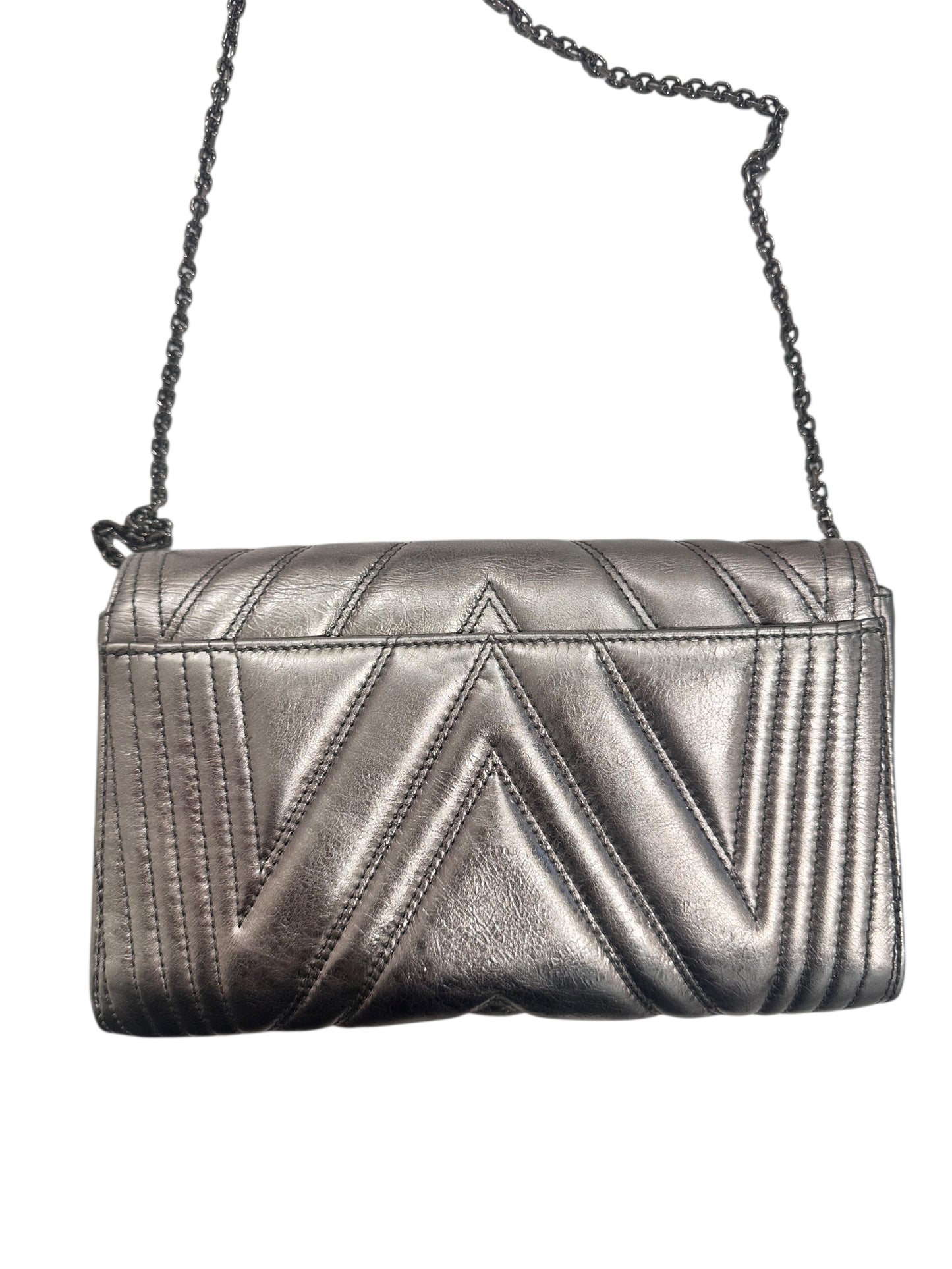MCM Calfskin Leather Metallic Crossbody/Clutch in Berline Silver w/ Dustbag