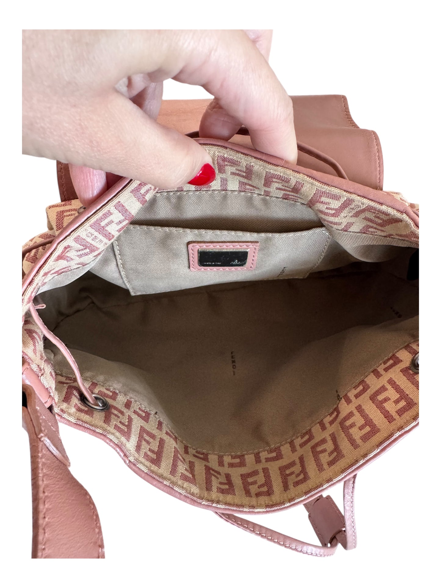 Fendi Zucchino Small Drawstring Flap Bag (Pink/Beige)